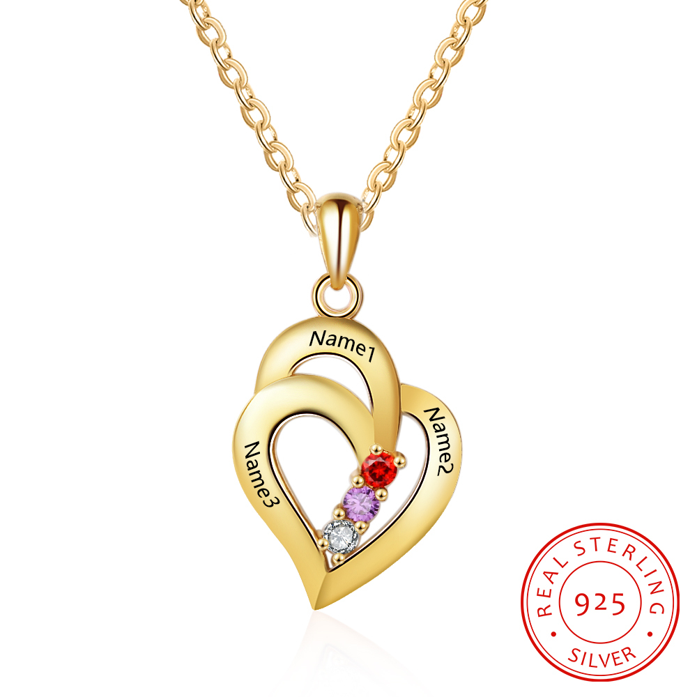 Personalised Heart Necklace With 3 Birthstones Engraved Names Gift For Her-Jessemade AU