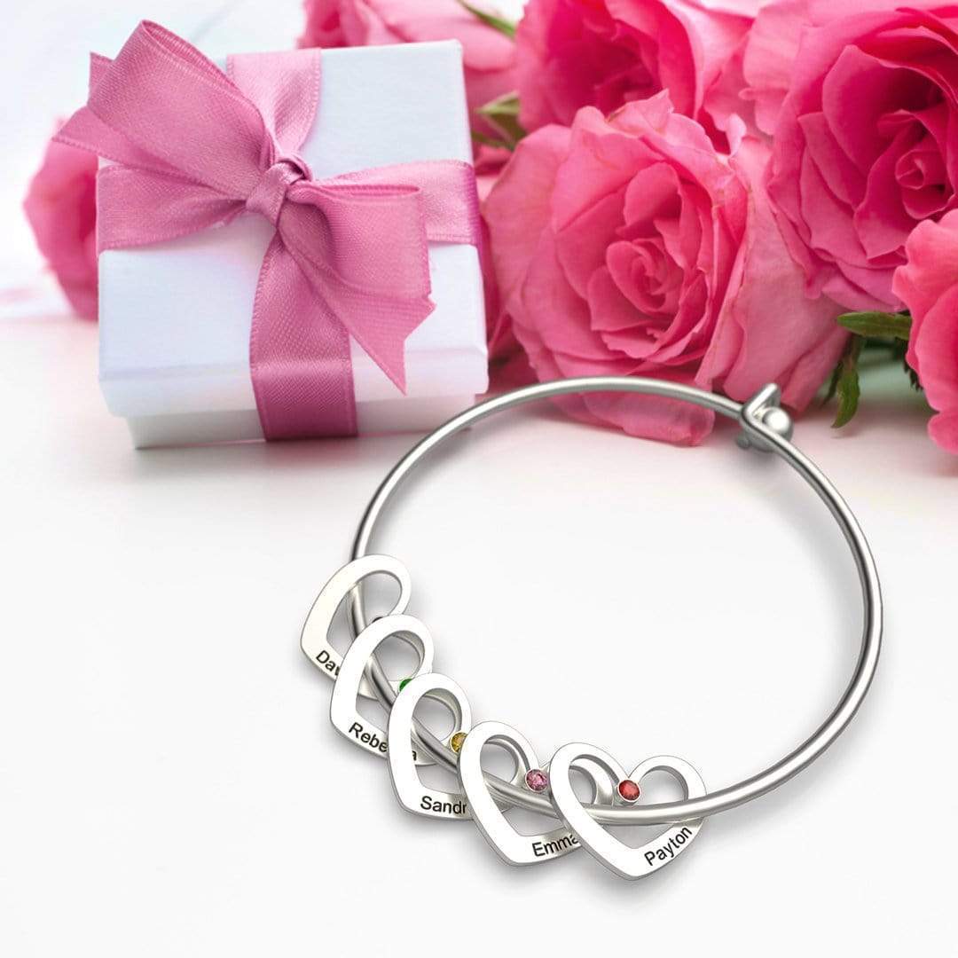 Personalised Heart Bangle With 5 Names and Birthstones Bangle Bracelet Mother's Day Gifts For women-Jessemade AU