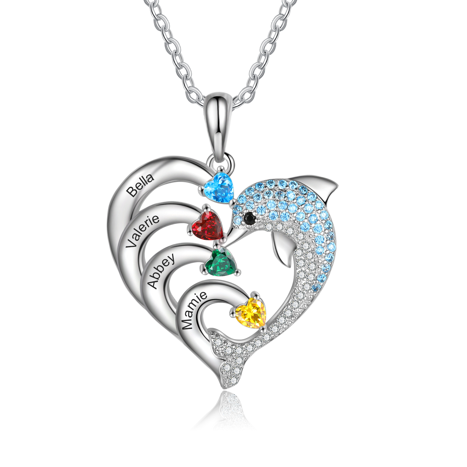 Personalised Heart Dolphin Necklace With 4 Birthstones Engraved Names Gift For Her-Jessemade AU