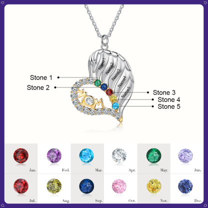 Personalised Heart Necklace With 5 Birthstones Engraved Names Gift For Mother-Jessemade AU