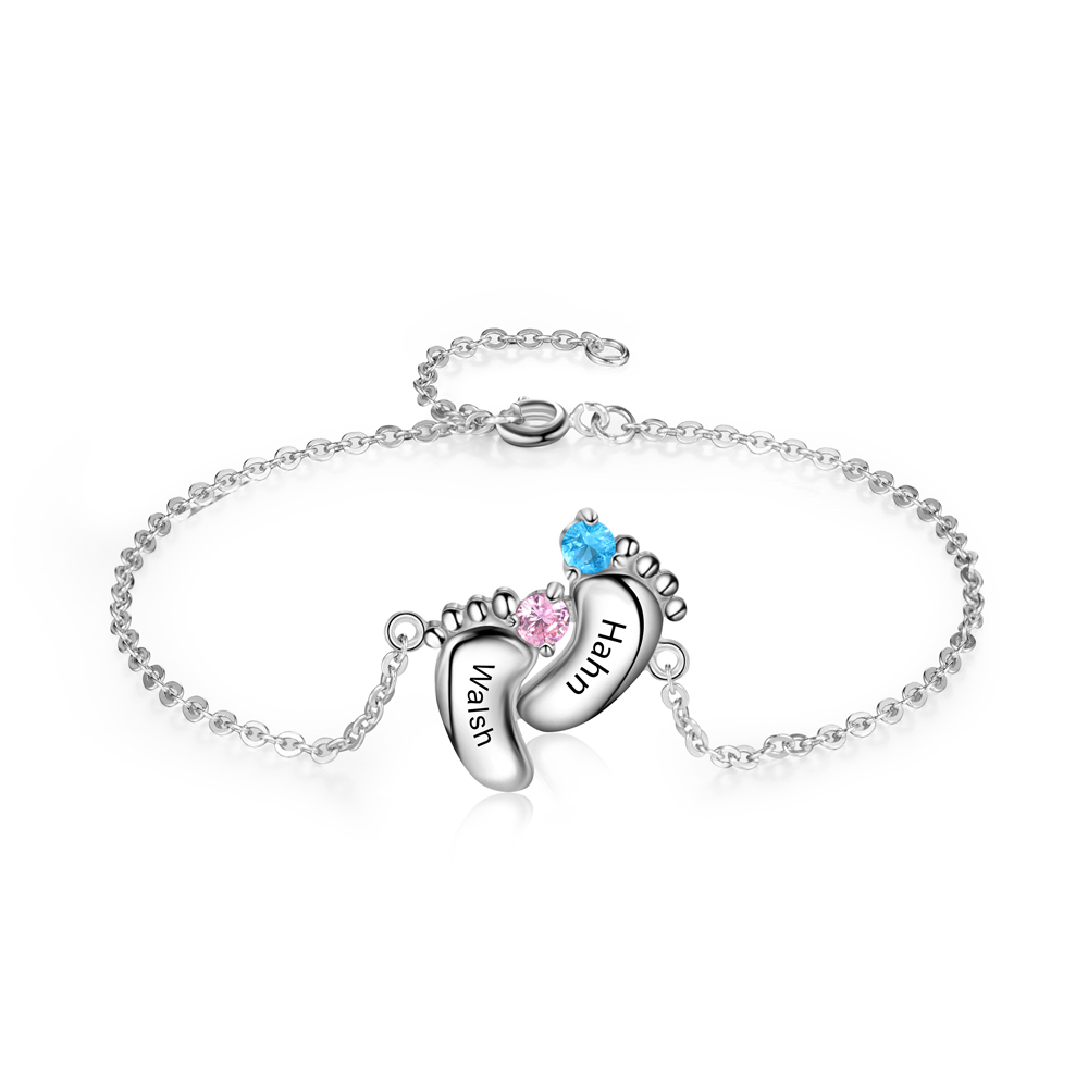 Personalised Baby Foot Bracelet With 2 Birthstones Engraved Names Gift For Mother