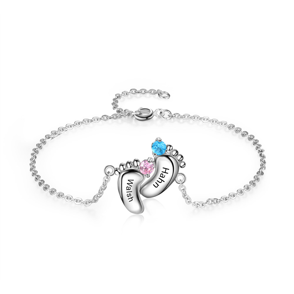 Personalised Baby Foot Bracelet With 2 Birthstones Engraved Names Gift For Mother-Jessemade AU