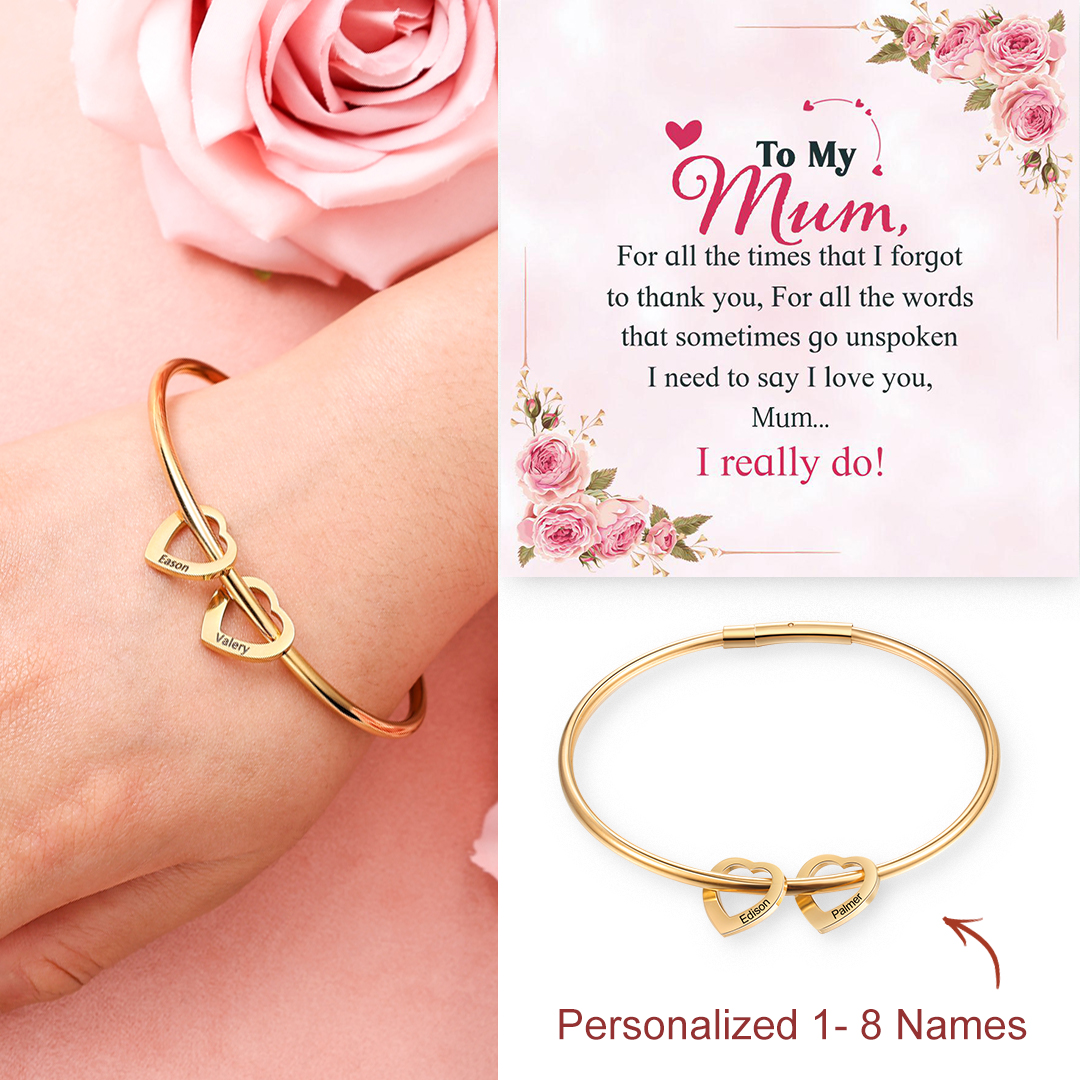 Love Bracelet with 2 Heart Pendant Engraved Bangle Bracelet Gift for Mother-Jessemade AU