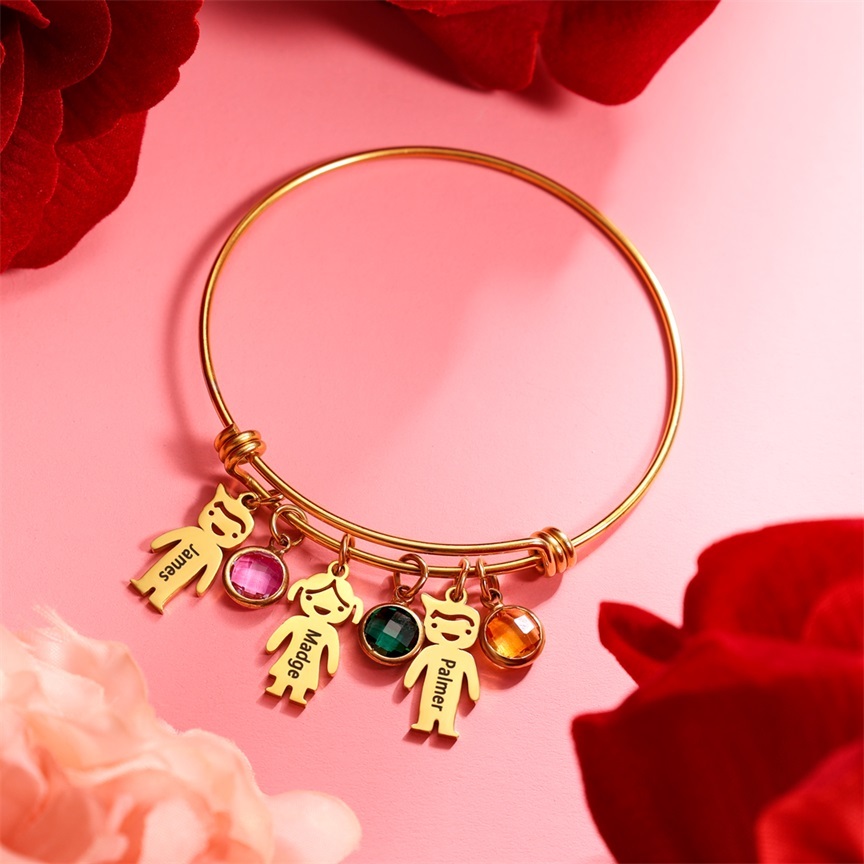 Women Bangle Bracelet with Kids Charms 3 Birthstones Engraved 3 Names Rose Box Set-Jessemade AU