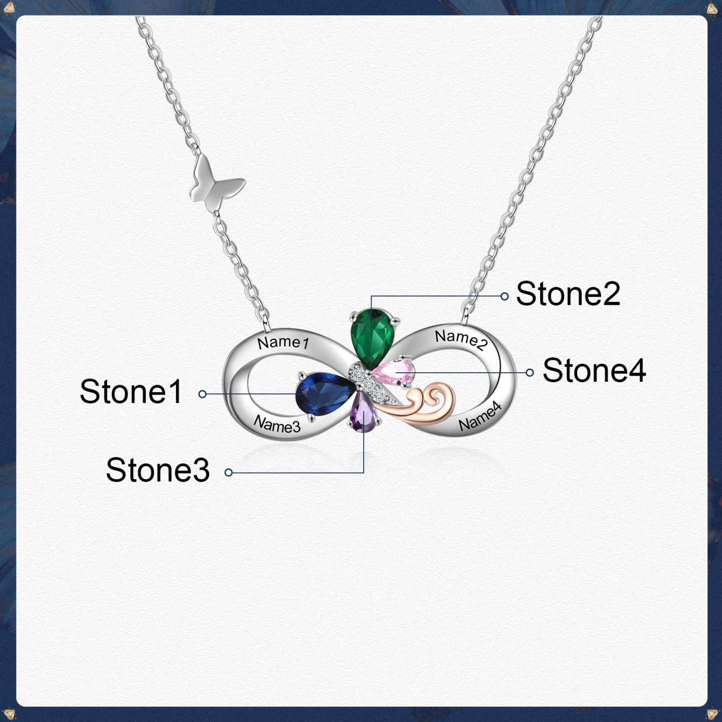 Personalised Infinity Butterfly Necklace With 4 Birthstones Engraved Names Gift For Women-Jessemade AU