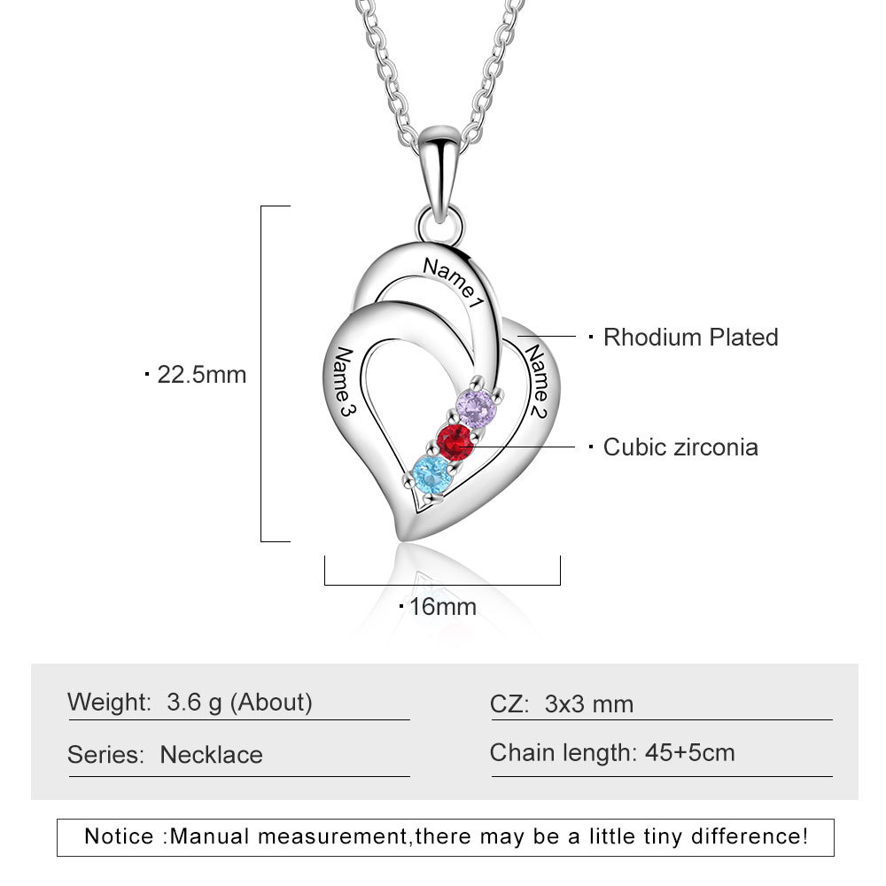 Personalised Heart Necklace With 3 Birthstones Engraved Names Gift For Her-Jessemade AU