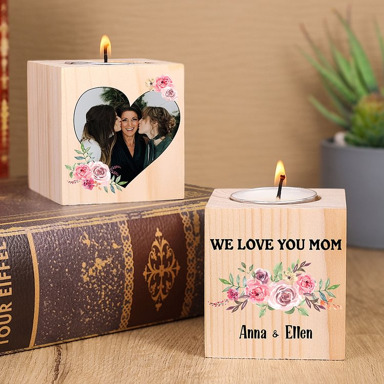 Personalised Photo Block Candle Holder We Love You Mom Wooden Candlesticks-Jessemade AU