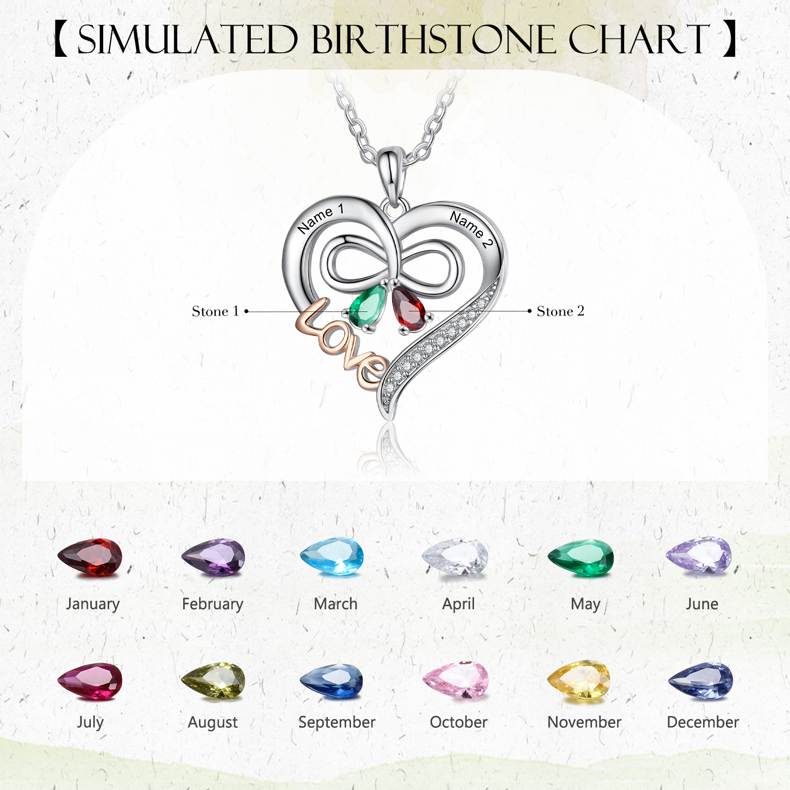 LOVE Heart Necklace with Birthstone Engraved Name Personalised Name Butterfly Necklace Gifts for Her-Jessemade AU