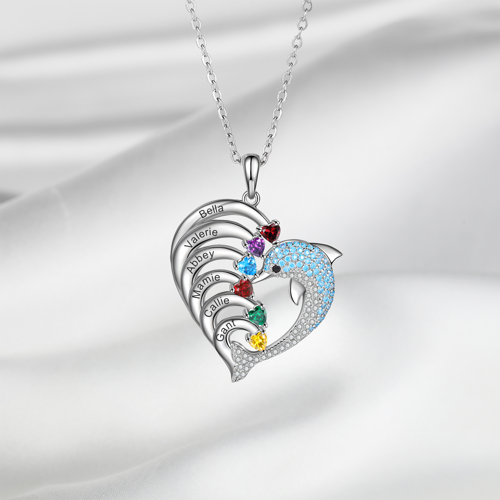 Personalised Heart Dolphin Necklace With 6 Birthstones Engraved Names Gift For Her-Jessemade AU
