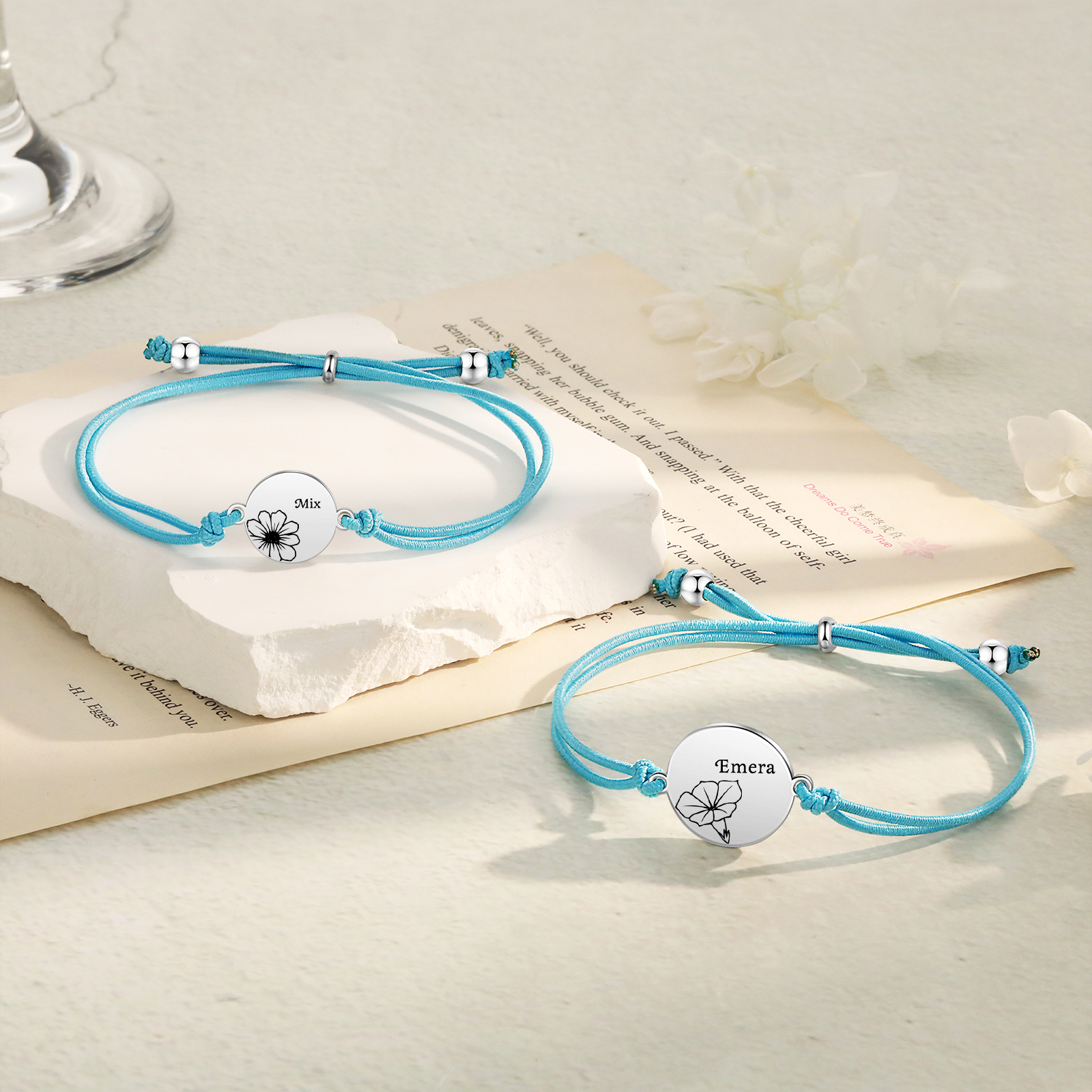 2 Pcs Bracelet Set Personalised Names & Birth Flowers Adjustable Bracelets with Message Card Back to School Gifts for Daughters-Jessemade AU