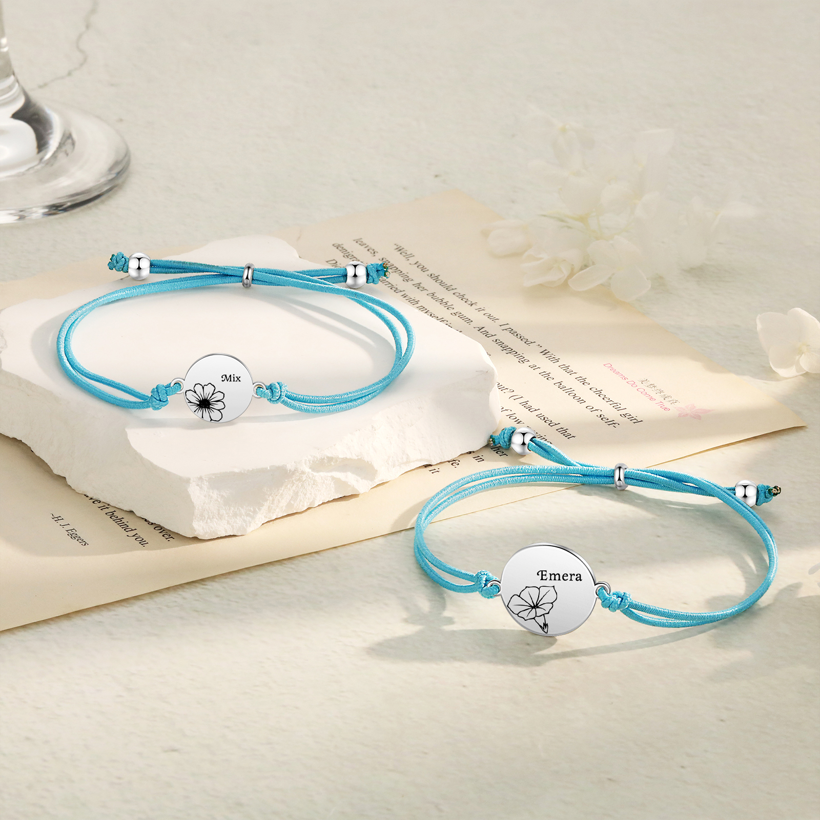 2 Pcs Bracelet Set Personalised Names & Birth Flowers Adjustable Bracelets with Message Card Back to School Gifts for Daughters-Jessemade AU