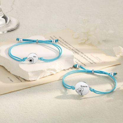 2 Pcs Bracelet Set Personalised Names & Birth Flowers Adjustable Bracelets with Message Card Back to School Gifts for Daughters-Jessemade AU