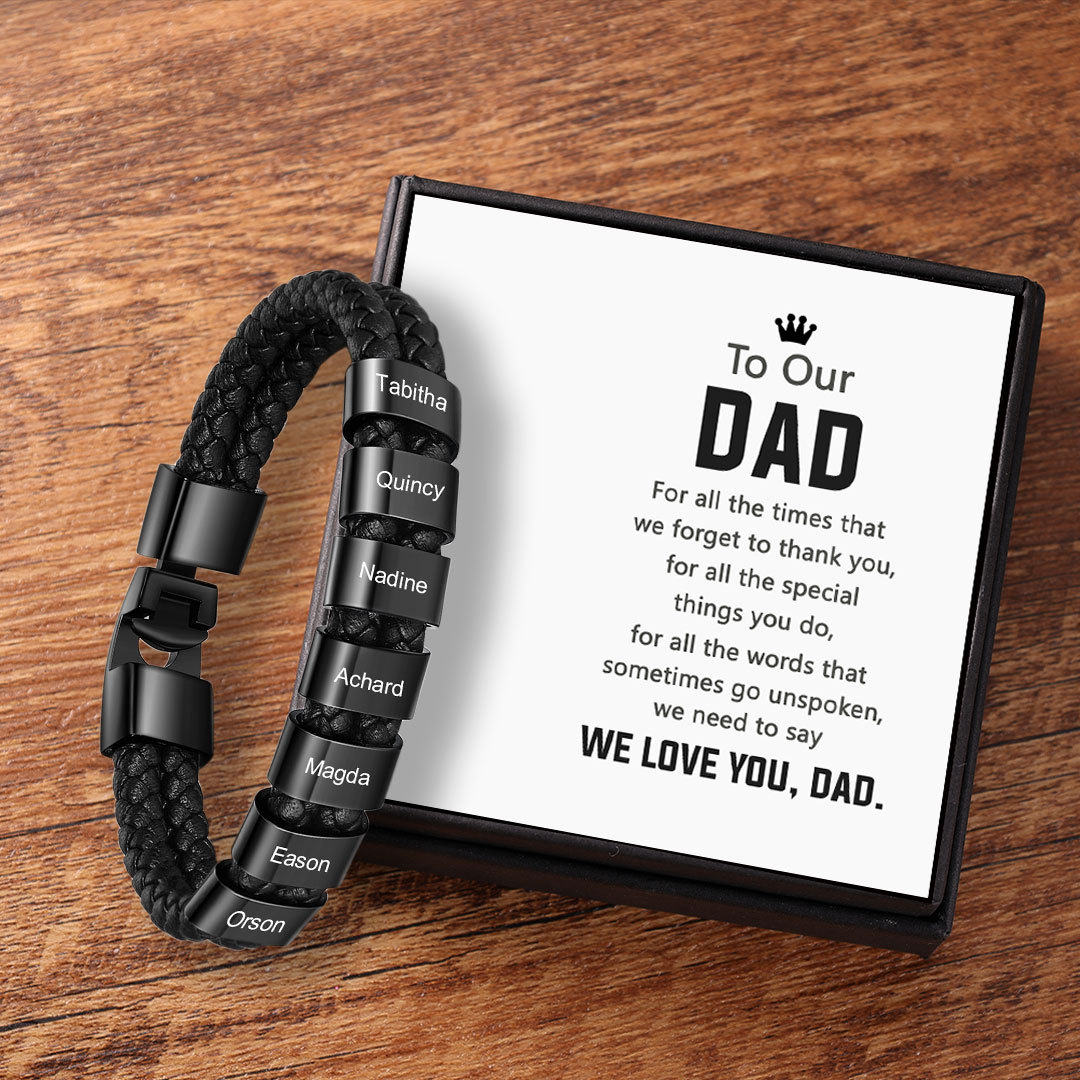 Personalised Braided Leather Bracelet Engraved 7 Names Men's Bracelet Gifts For Dad-Jessemade AU