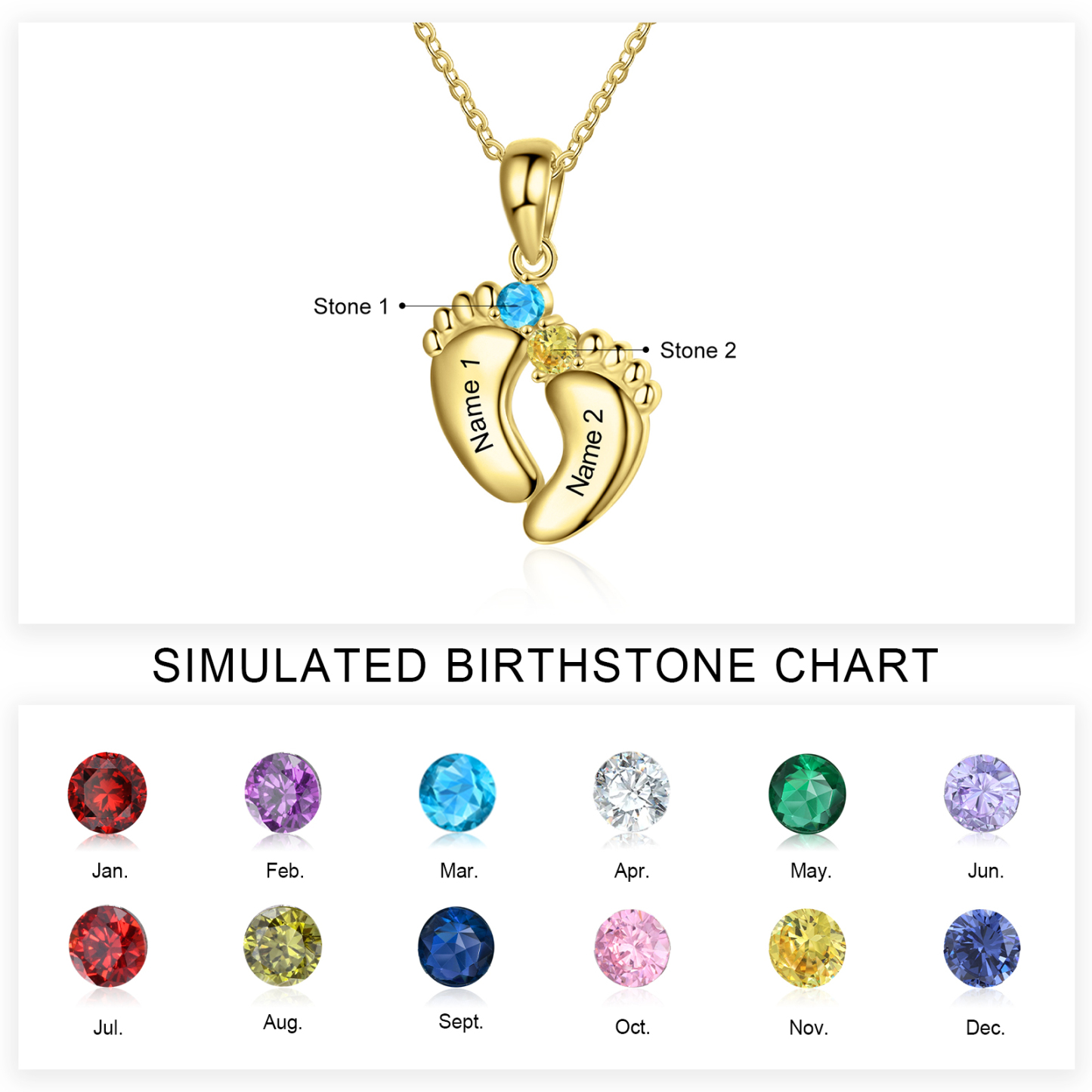 Baby Feet Necklace Custom 2 Birthstones Family Gifts Set for Mum