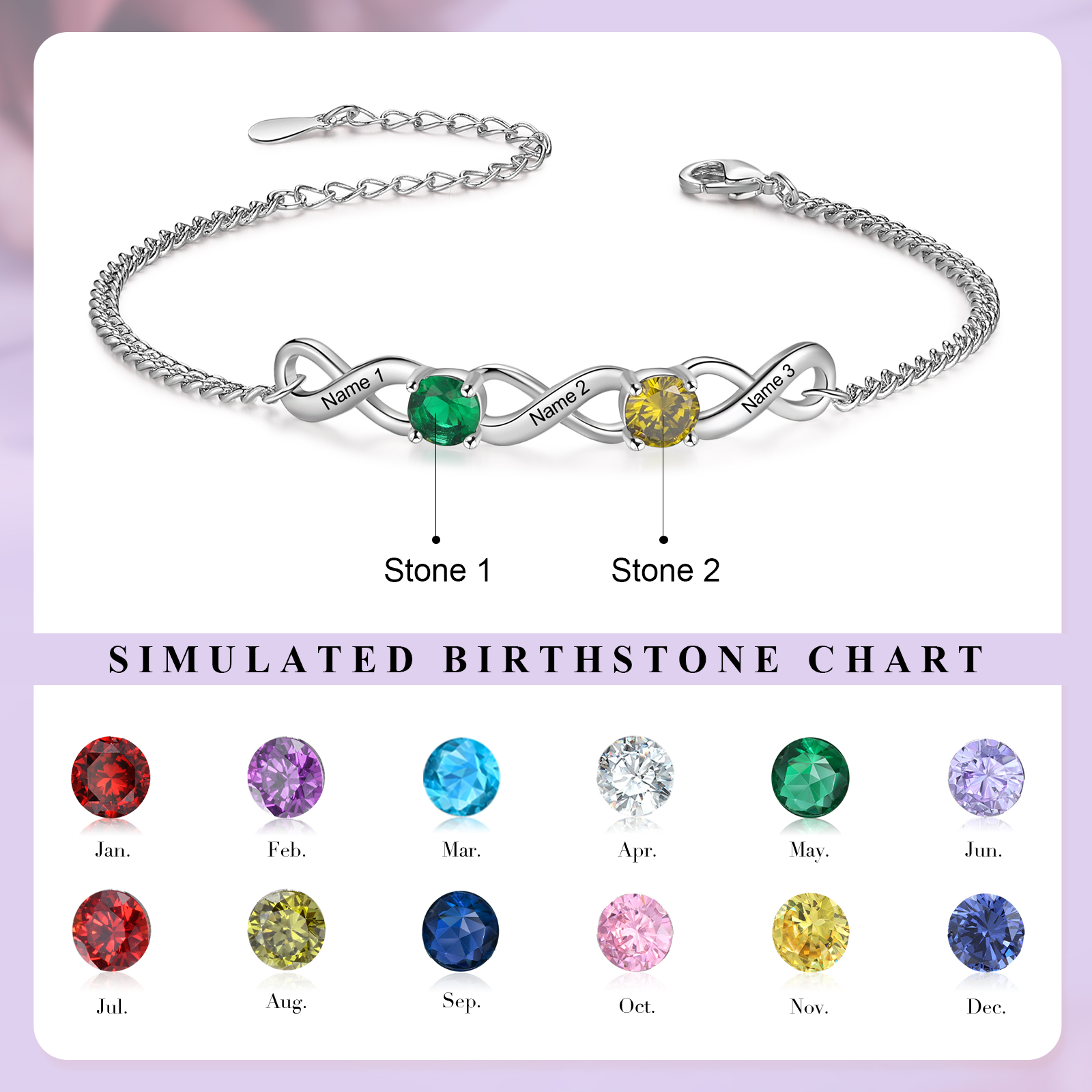 Personalised Infinity Bracelet Custom 2 Birthstones & 3 Names Bracelet Birthday Gift for Her-Jessemade AU