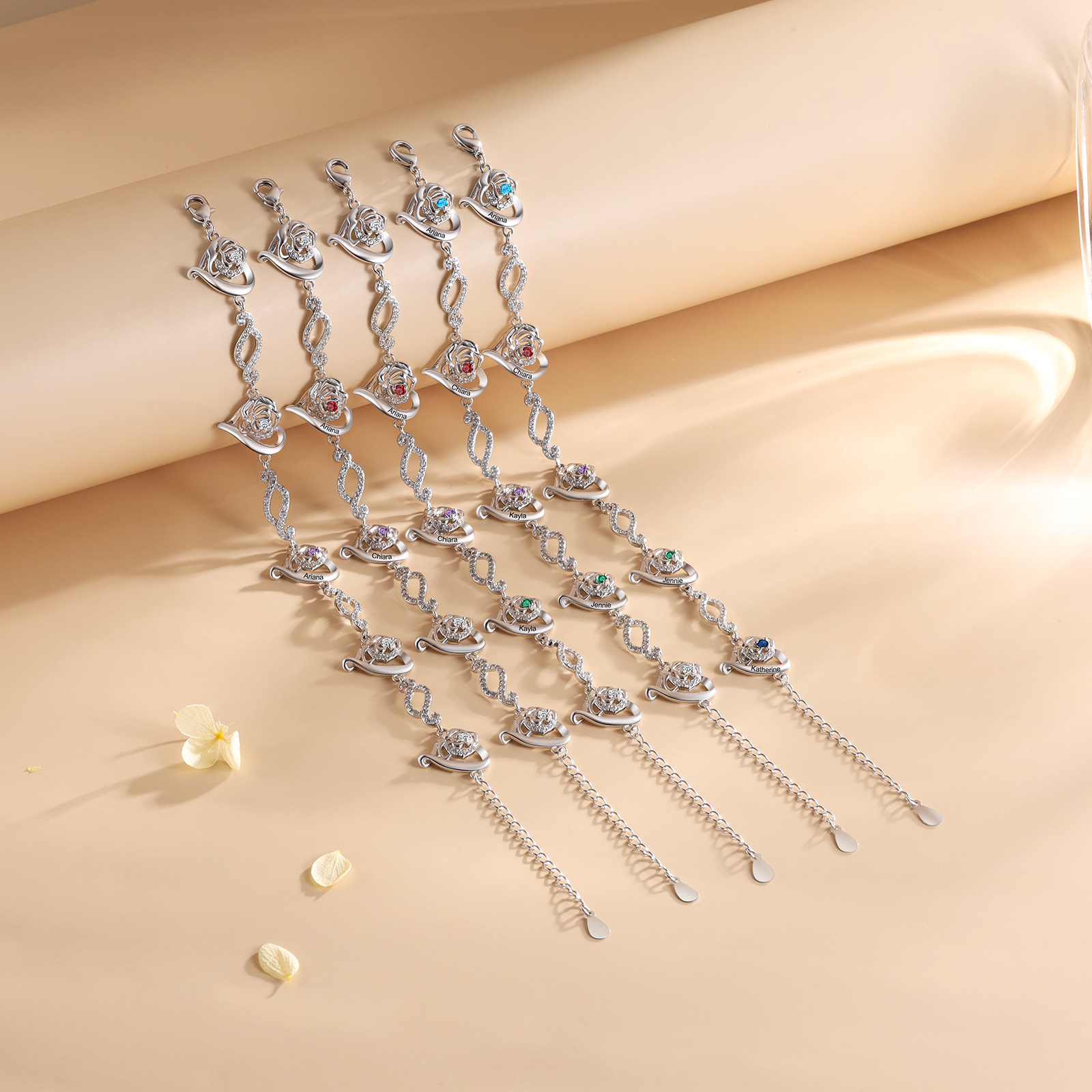 Flowers Bracelet Personalised 3 Birthstones Bracelet Engraved Names Flowers Charm Gifts For Her-Jessemade AU