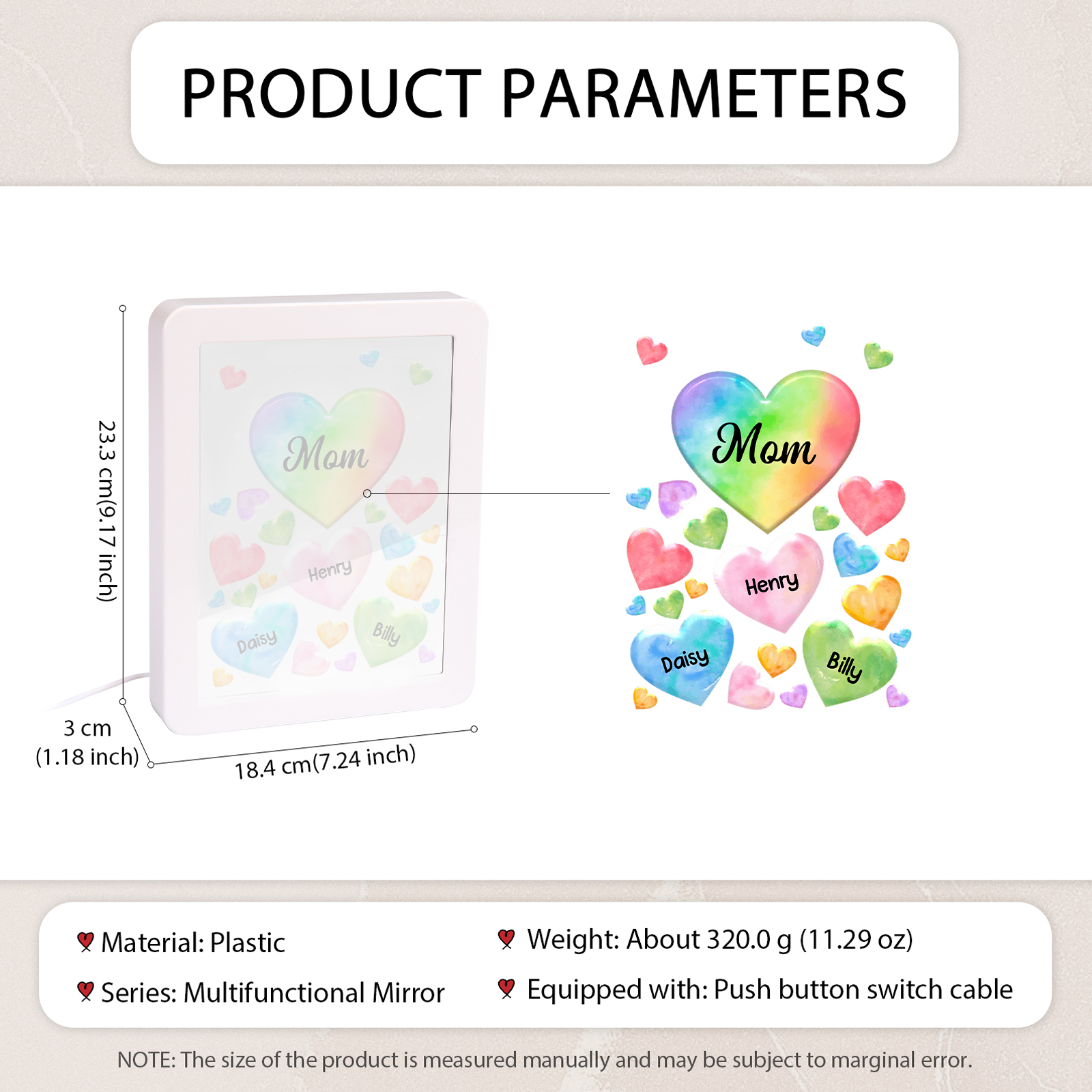 Personalised Night Light Mirror Frame Custom 1 Text & 3 Names Colourful Hearts Family LED Lamp Gift for Grandma/Mother-Jessemade AU