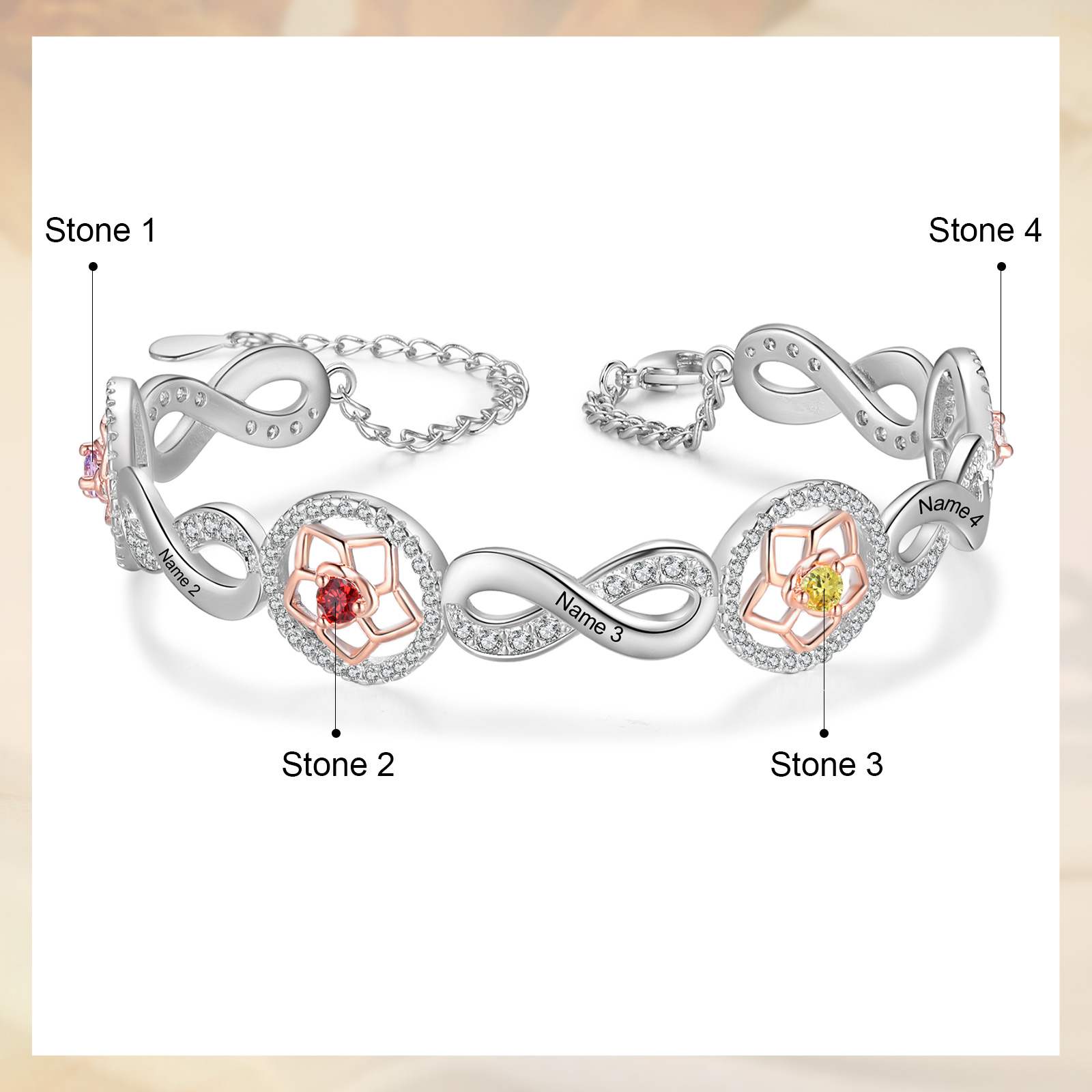Personalised Women's Bracelet Custom 4 Birthstones & 4 Names Infinity Bracelet Birthday Gift for Her-Jessemade AU