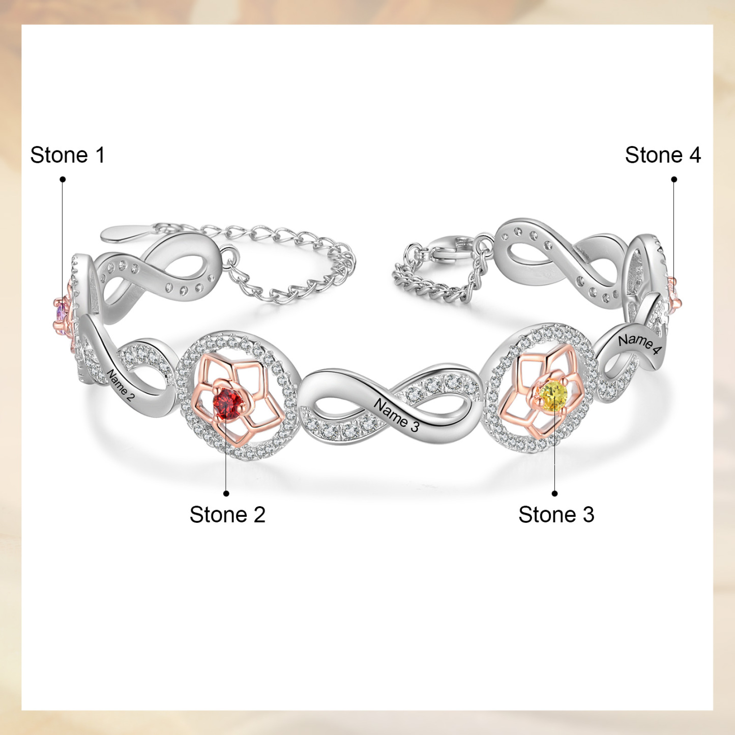 Personalised Women's Bracelet Custom 4 Birthstones & 4 Names Infinity Bracelet Birthday Gift for Her-Jessemade AU