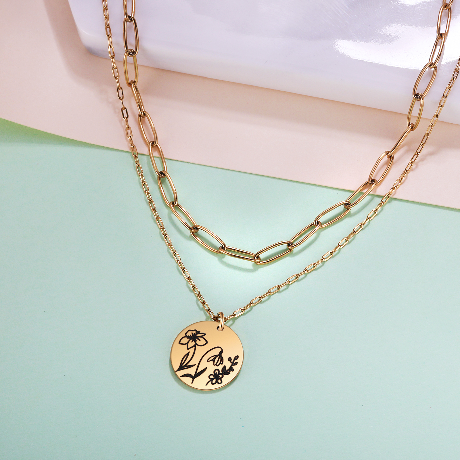 Personalised Double Necklace With 2 Birthflowers Engraved Name Gift For Her-Jessemade AU