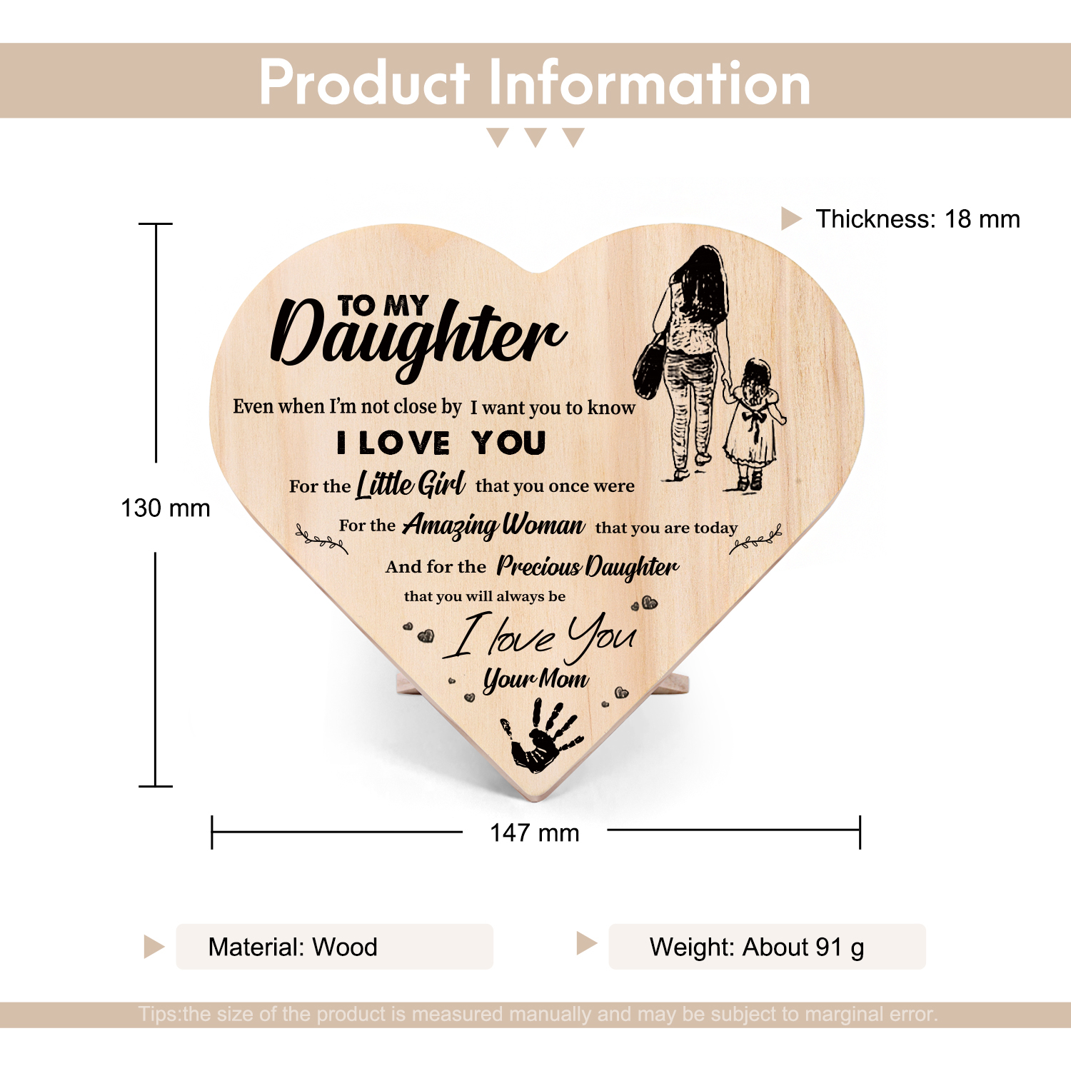 To My Daughter Wooden Heart Keepsake Desktop Ornament-I want you to know I LOVE YOU-Jessemade AU