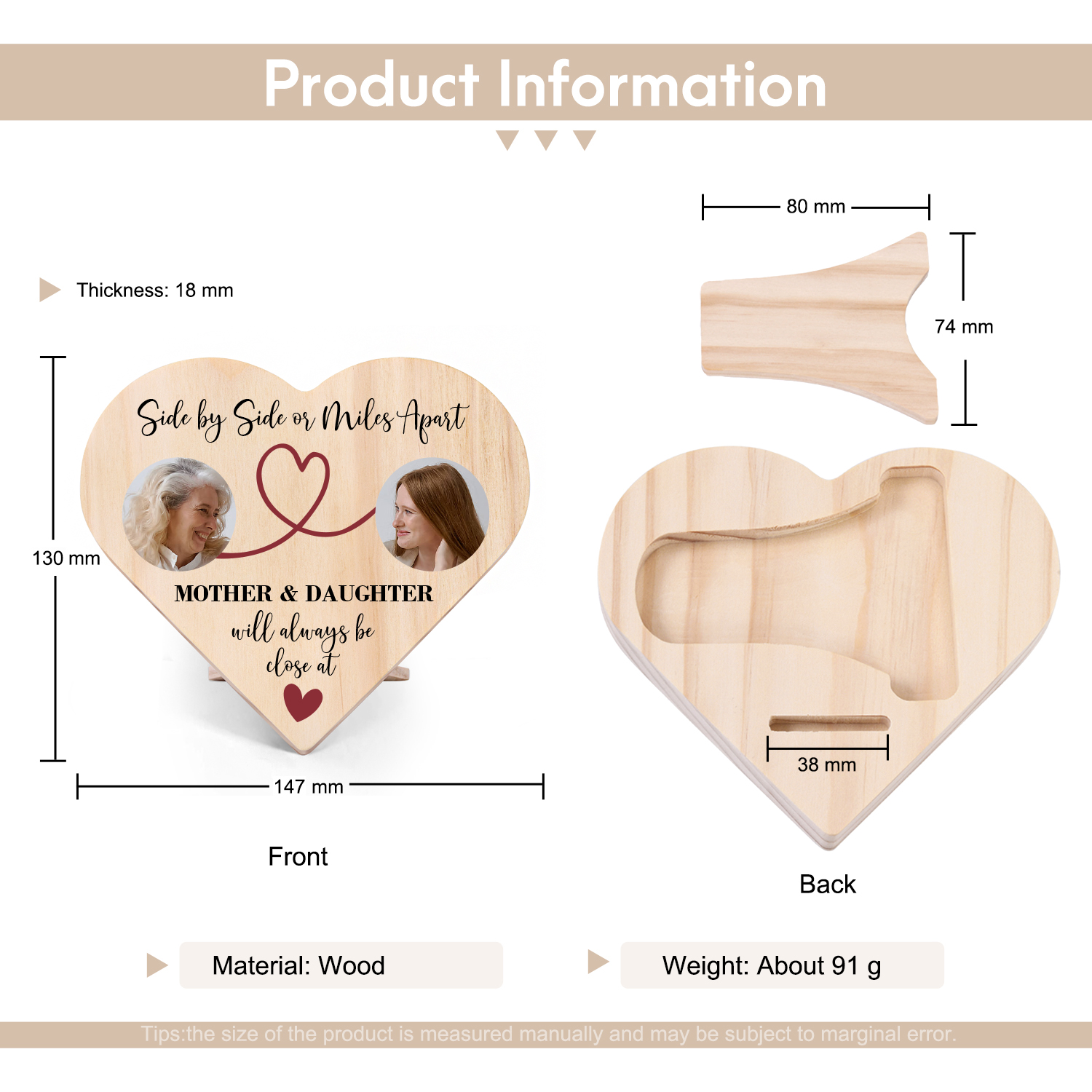 Mother & Daughter Personalised Photo Wooden Heart Keepsake Desktop Ornament Mothers Gifts-Jessemade AU