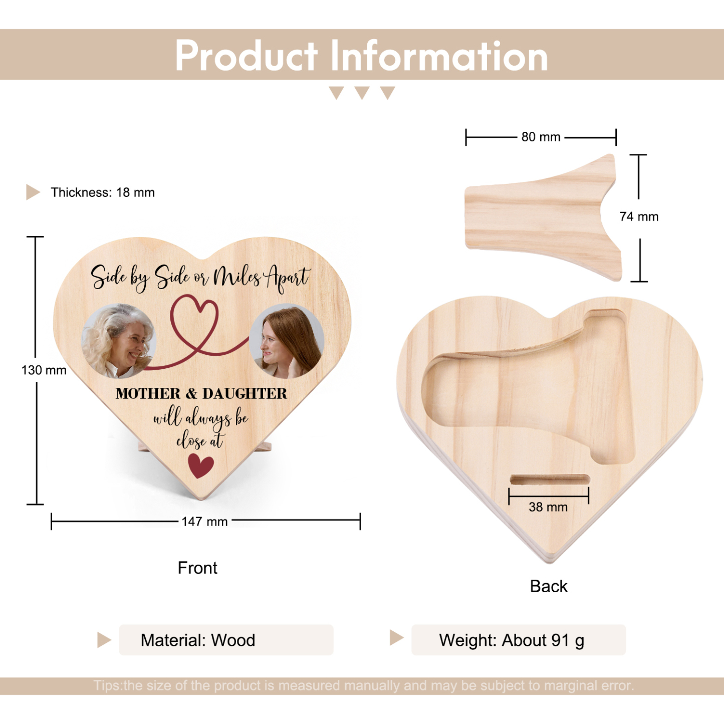 Mother & Daughter Personalised Photo Wooden Heart Keepsake Desktop Ornament Mothers Gifts-Jessemade AU