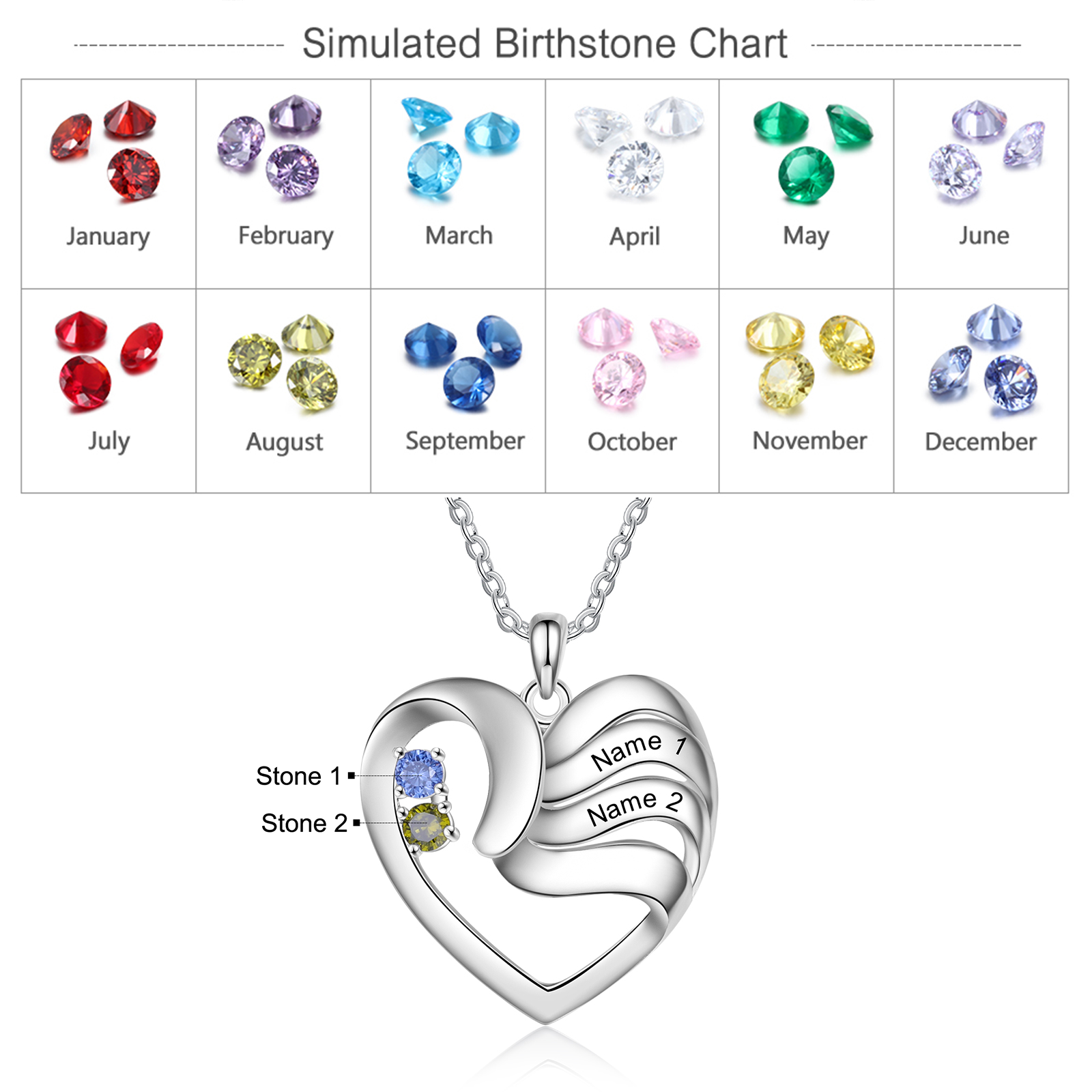 Personalised Heart Necklace With 2 Birthstones Engraved Names Gift For Women