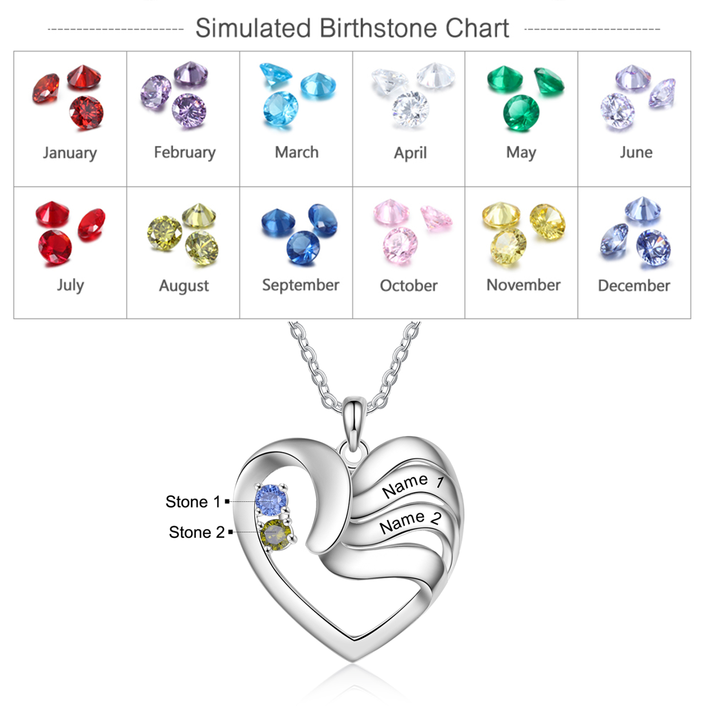 Personalised Heart Necklace With 2 Birthstones Engraved Names Gift For Women-Jessemade AU