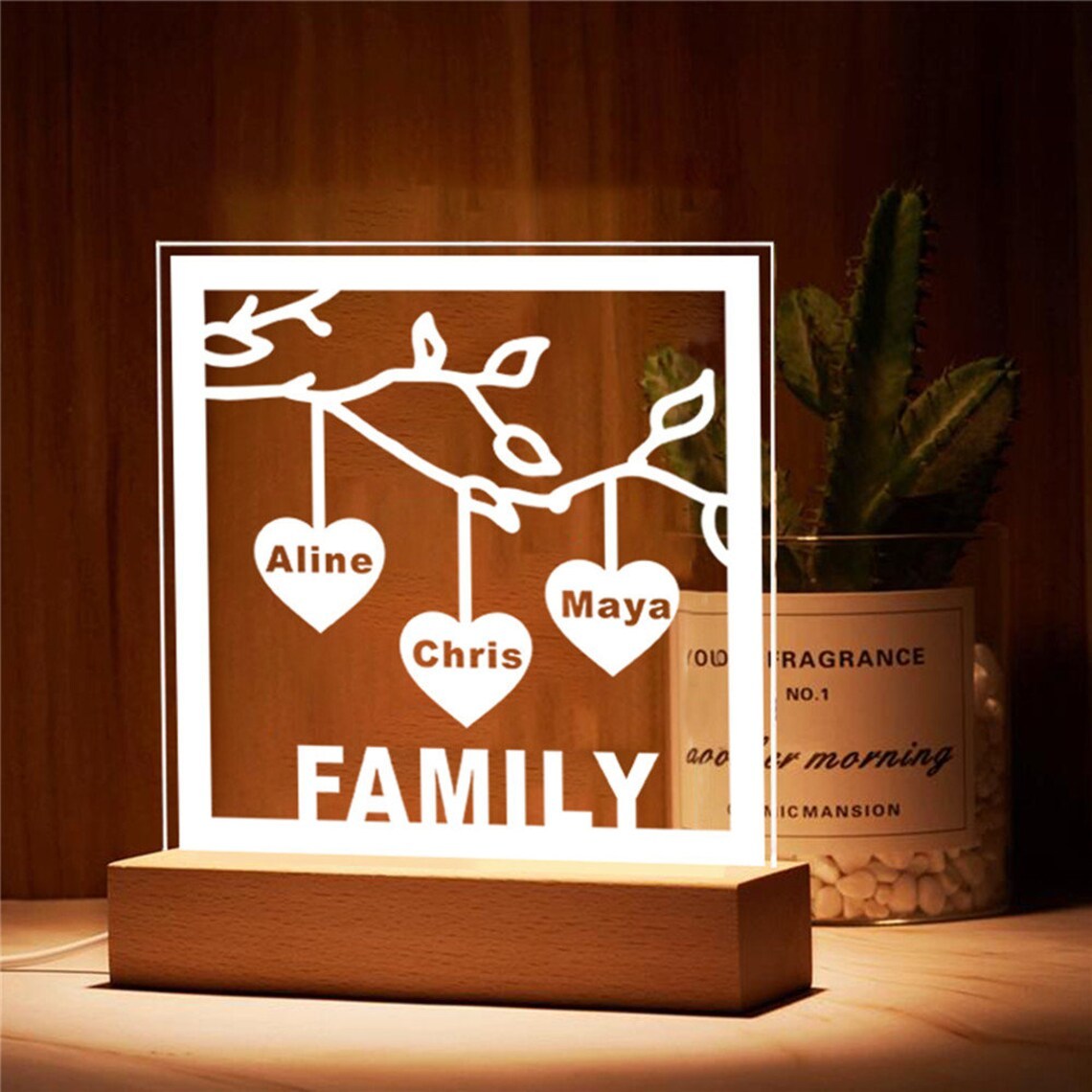 Personalised Family Tree Night Light LED Sign Engraved 3 Names Plaque USB Power Lamp-Jessemade AU
