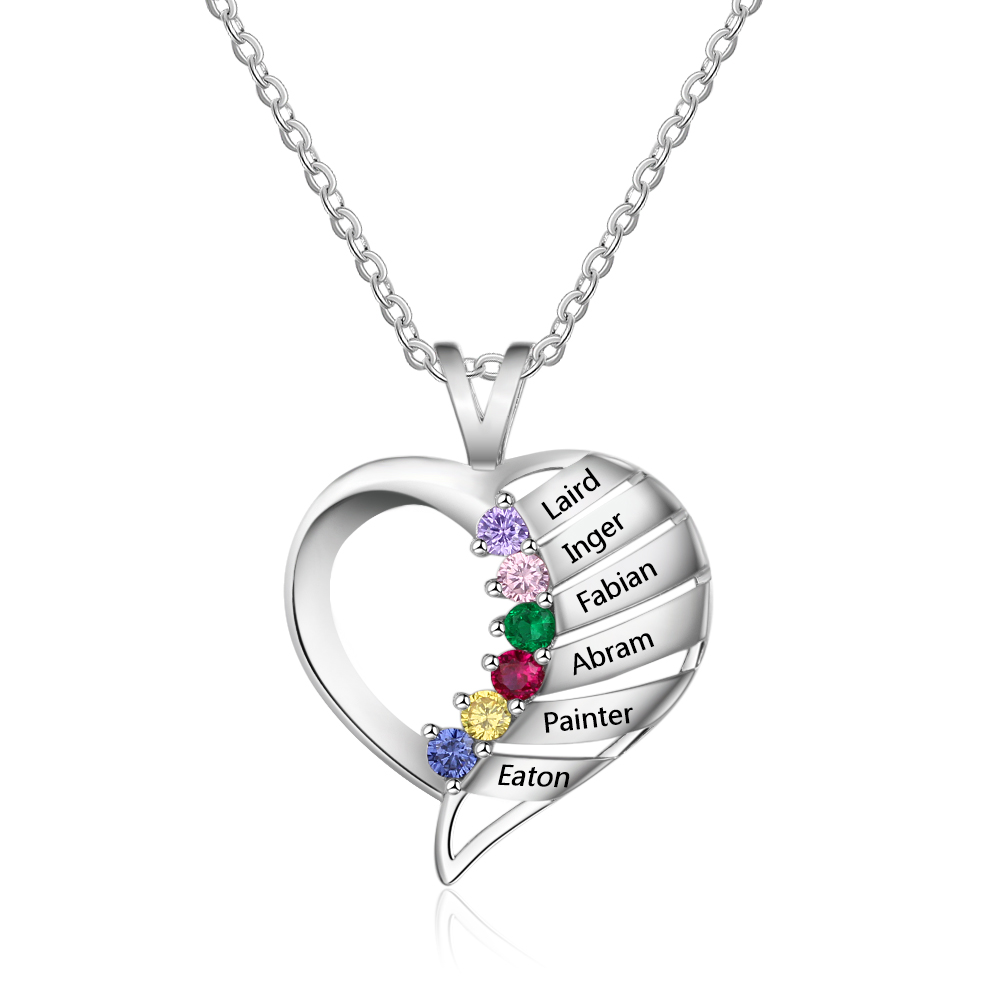 Personalised Heart Necklace With 6 Birthstones Engraved Names Gift For Her-Jessemade AU