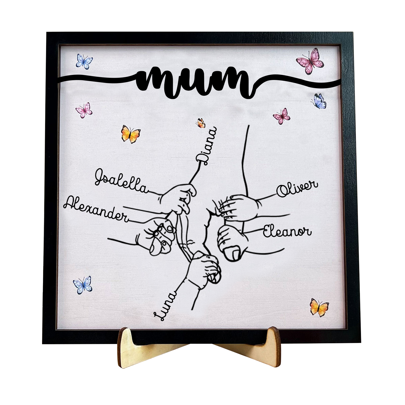 6 Names - Personalised Wooden Plaque Holding Mum's Hand Desktop Decorations Wooden Sign With Stand-Jessemade AU