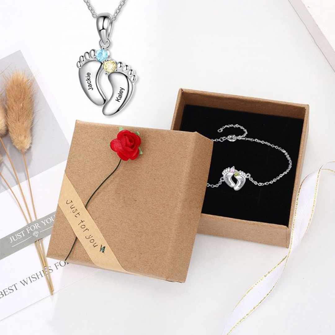 Personalised Baby Foot Necklace With 2 Birthstones Engraved Names Gift For Mother-Jessemade AU