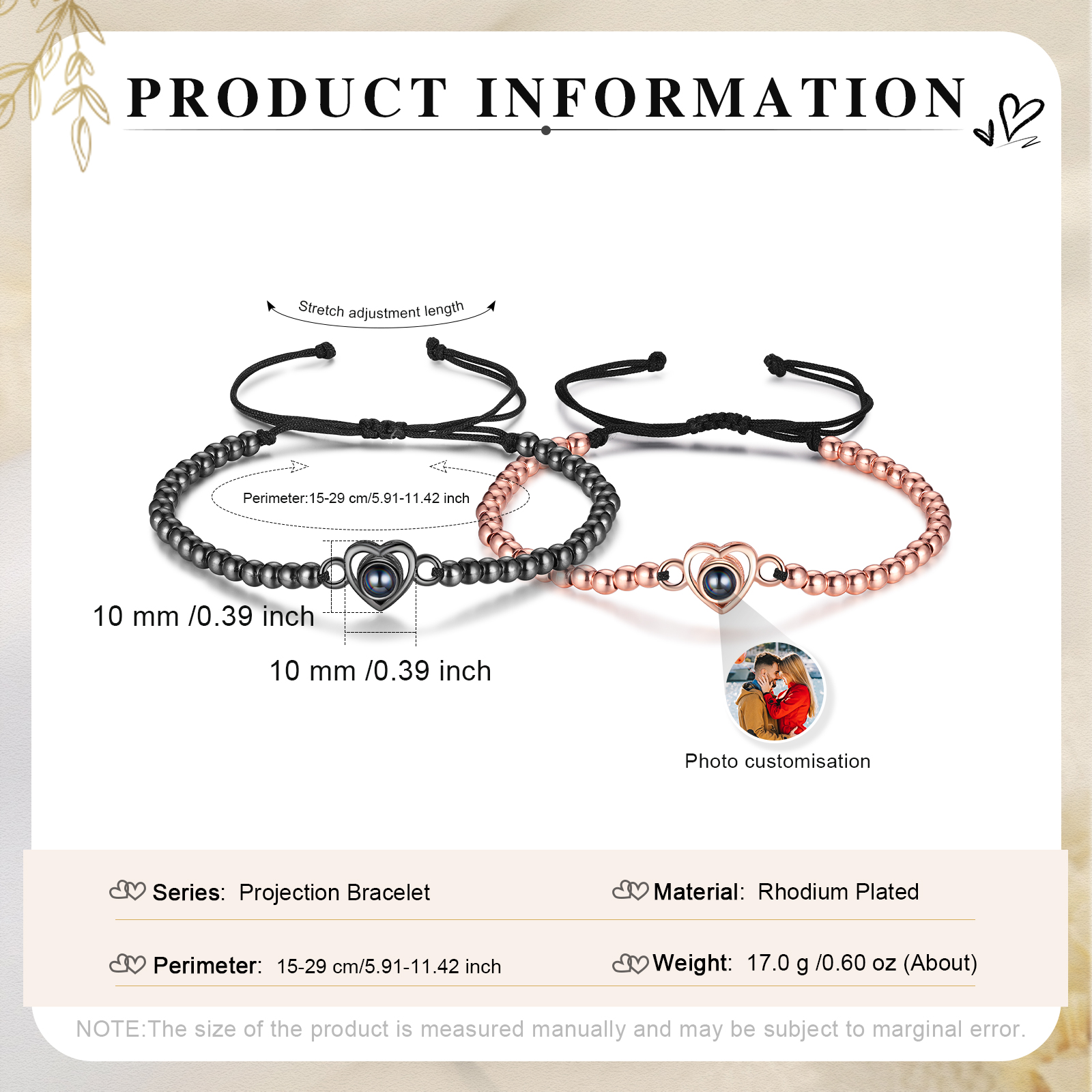 2 PCS Personalised Couple Projection Bracelet Customised 1 Photo Adjustable Bracelet Special Gift For Her/Him-Jessemade AU