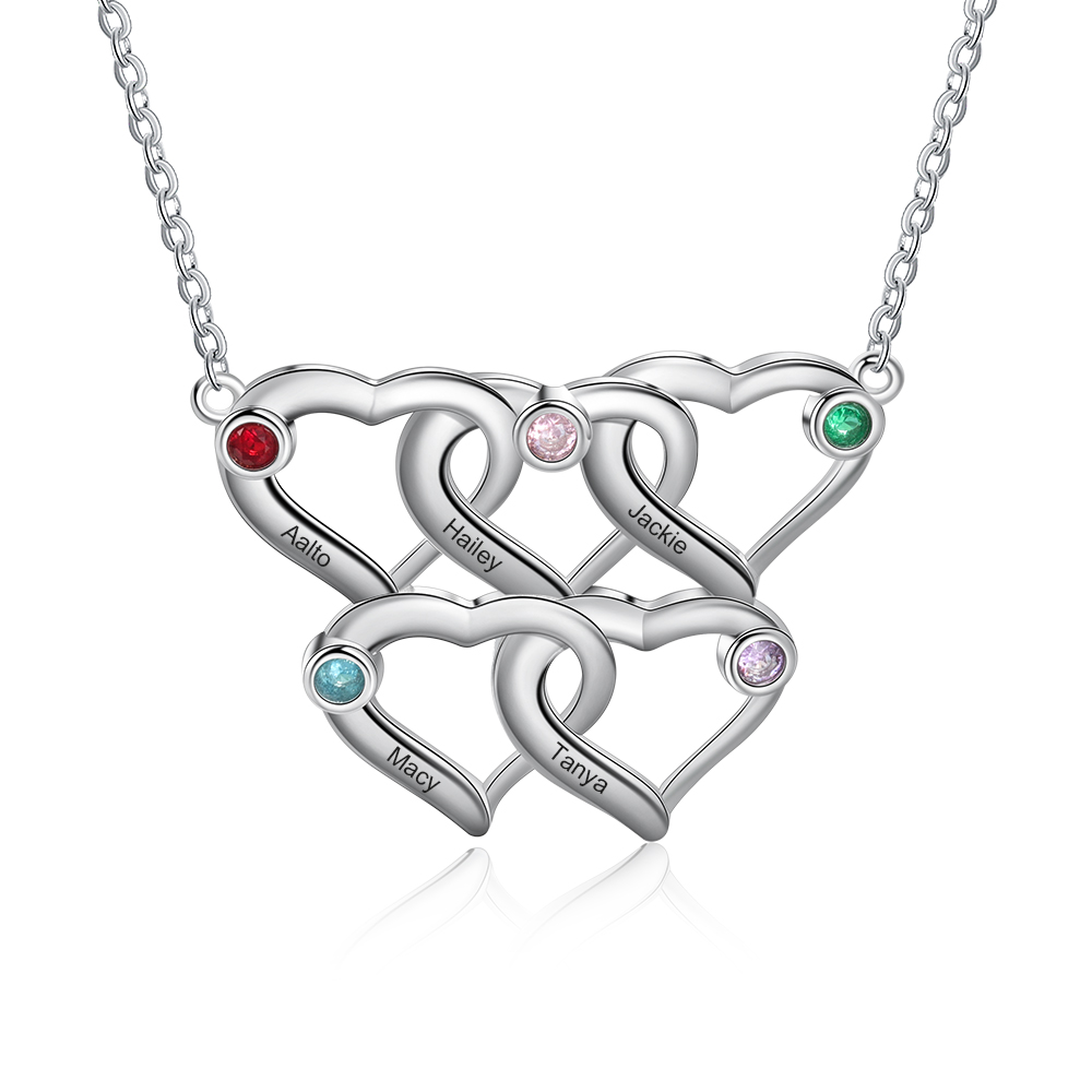 Personalised Heart Necklace With 5 Birthstones Engraved Names Gift For Her-Jessemade AU