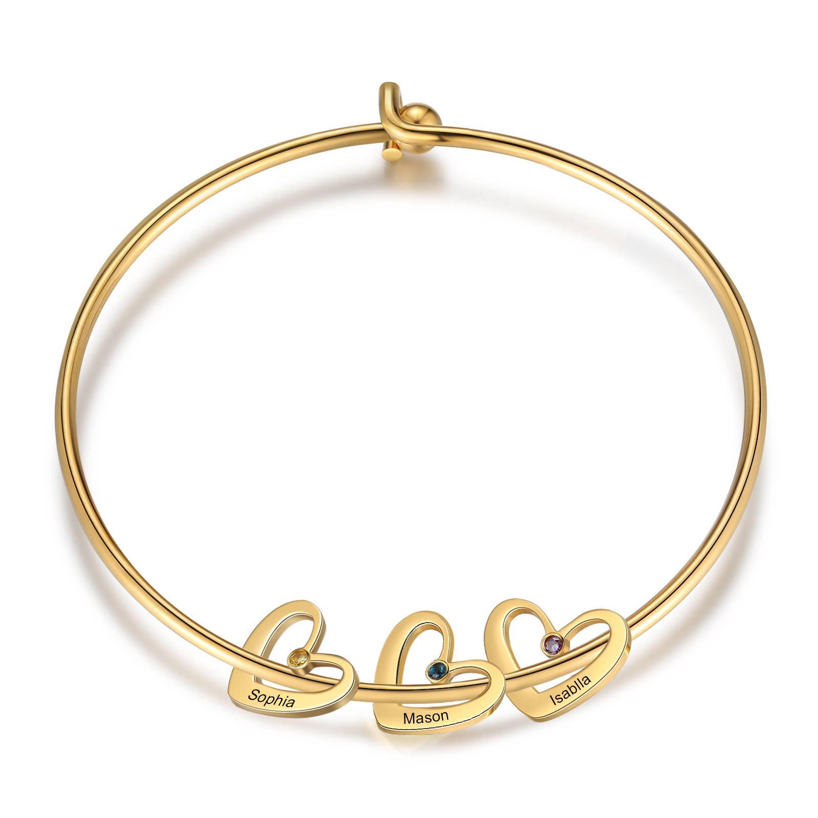 Personalised Heart Bangle With 3 Names and Birthstones Bangle Bracelet Mother's Day Gifts For women