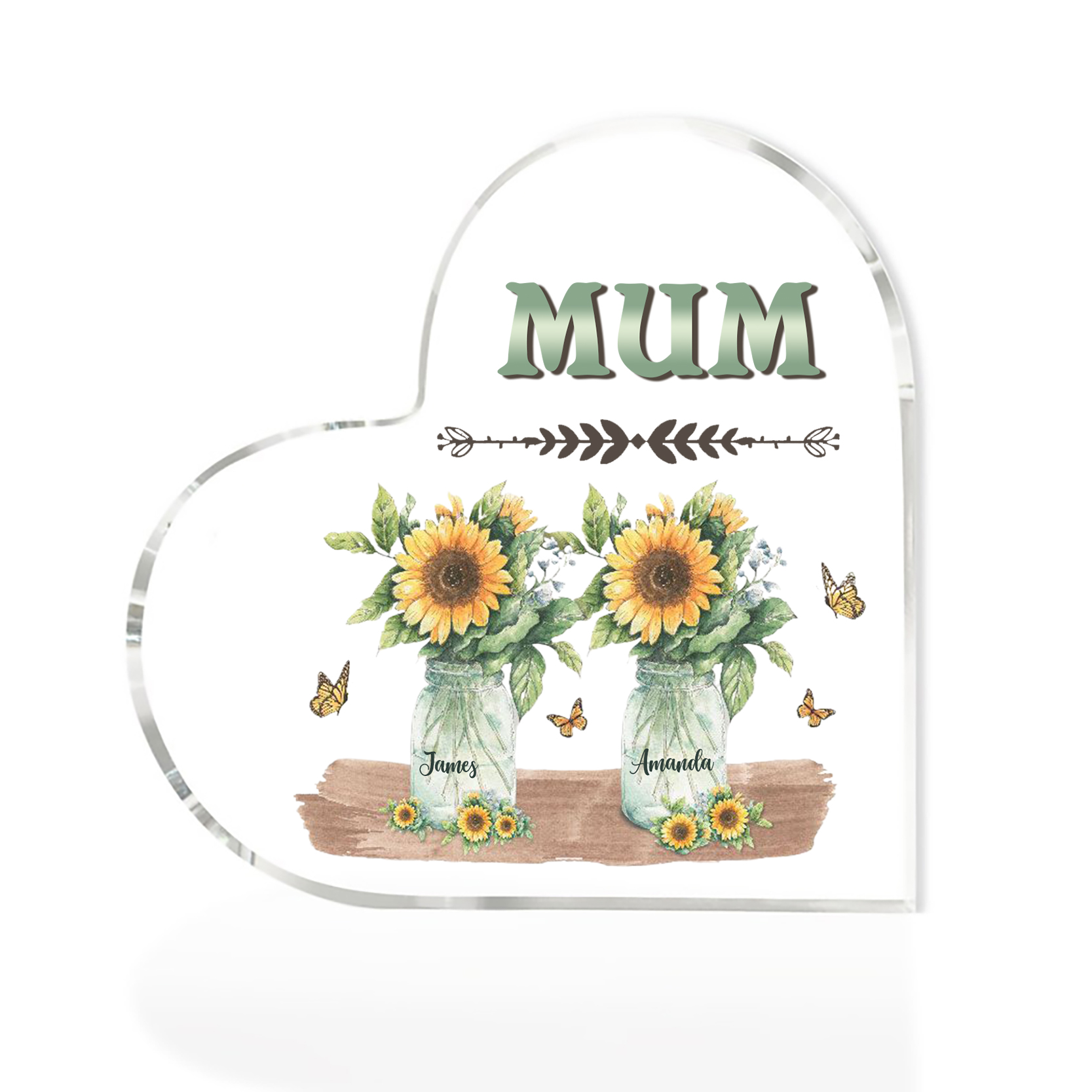 Personalised Acrylic Heart Keepsake Custom 2 Names & 1 Text Sunflower Vase Ornament Gifts for Mother/Grandma-Jessemade AU