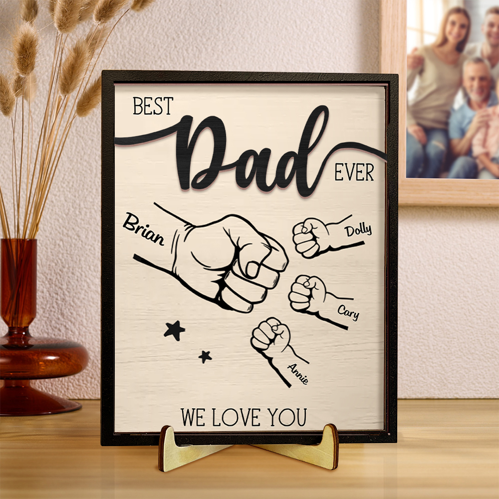 Best Dad Ever - Personalised Fist Bump Wooden Plaque Custom 2–9 Names Desktop Decor With Stand Gifts for Father-Jessemade AU