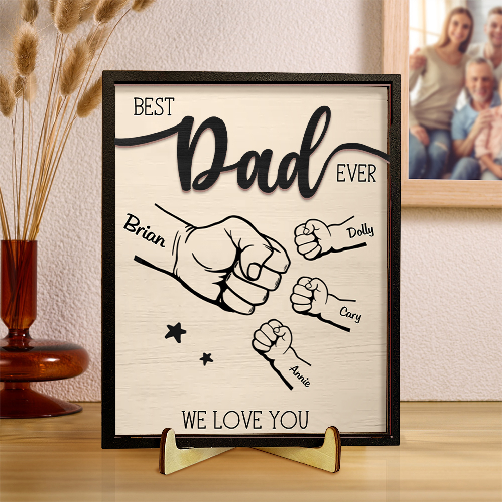 Best Dad Ever - Personalised Fist Bump Wooden Plaque Custom 2–9 Names Desktop Decor With Stand Gifts for Father-Jessemade AU