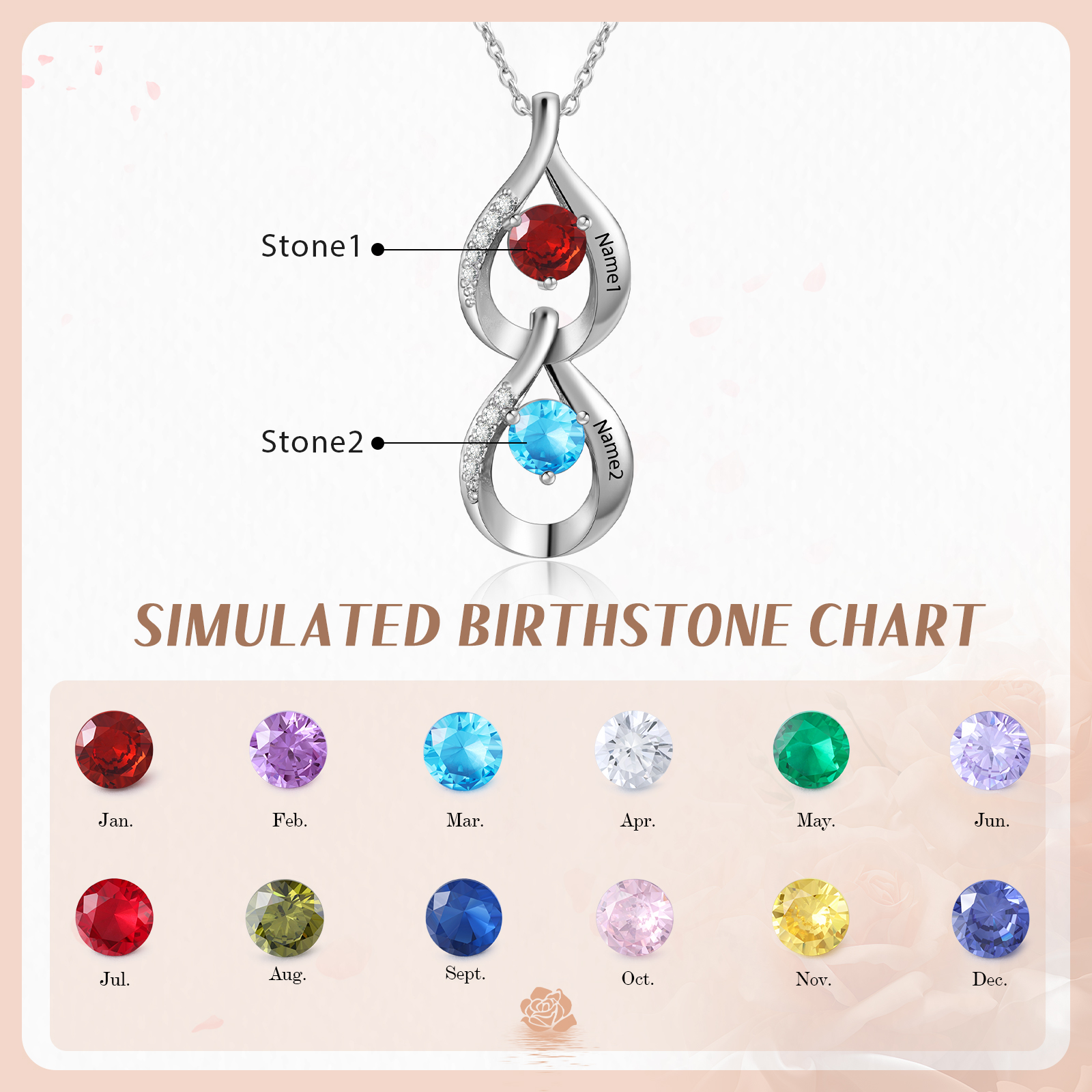 Personalised Teardrop Pendant Necklace Custom 2 Birthstones & 2 Names Necklace