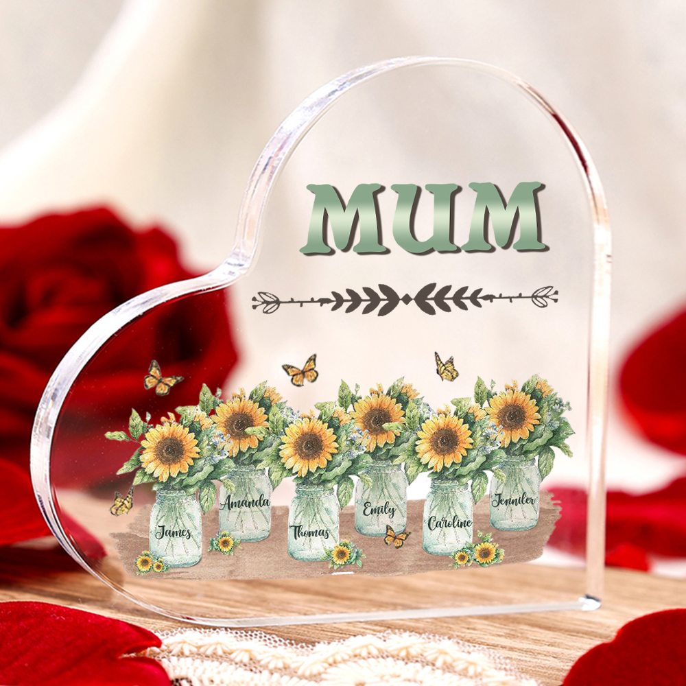Personalised Acrylic Heart Keepsake Custom 6 Names & 1 Text Sunflower Vase Ornament Gifts for Mother/Grandma-Jessemade AU