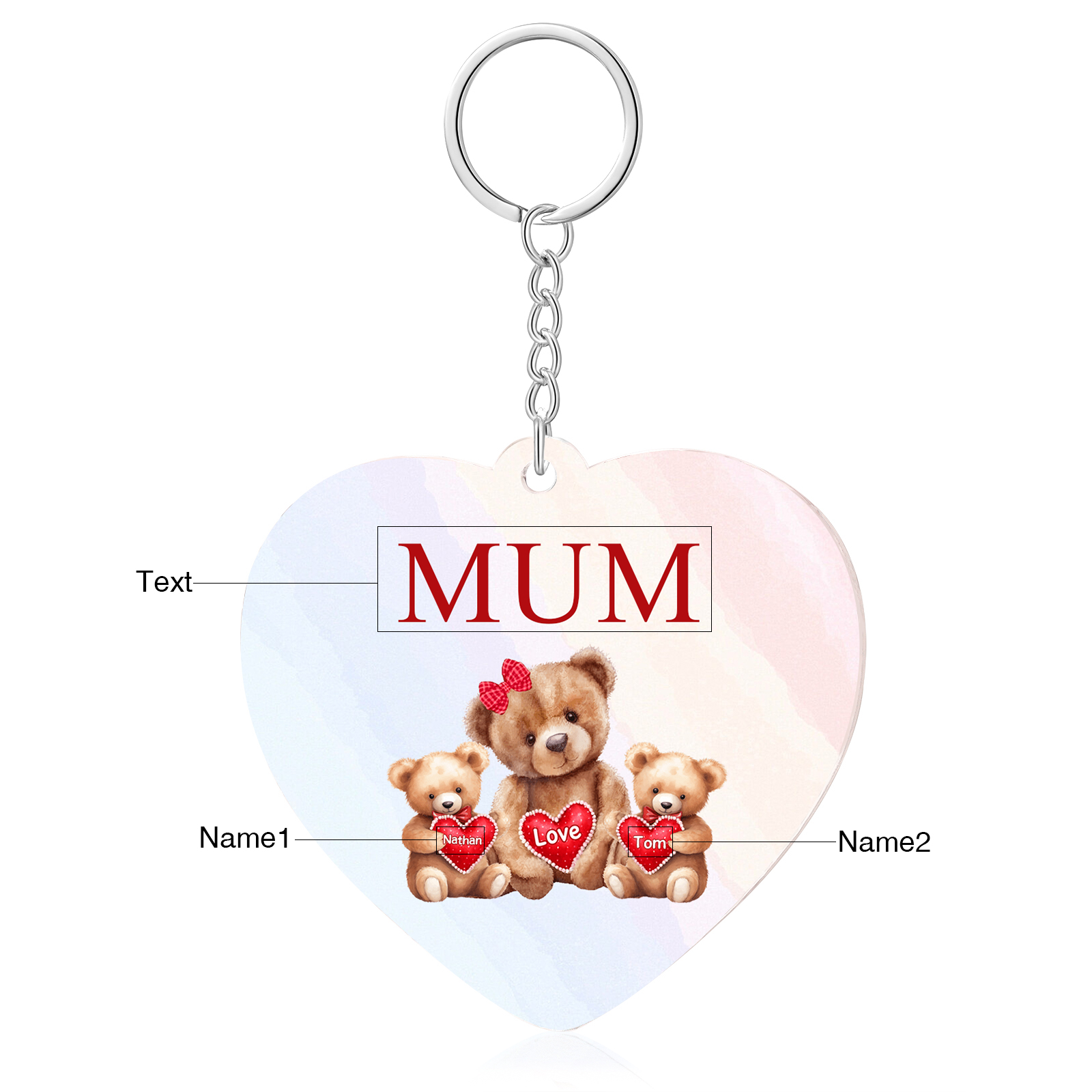 2 Names - Personalised Acrylic Keychain Custom 1 Text Teddy Bears Family Hanging Ornaments Gift for Mum/Grandma-Jessemade AU