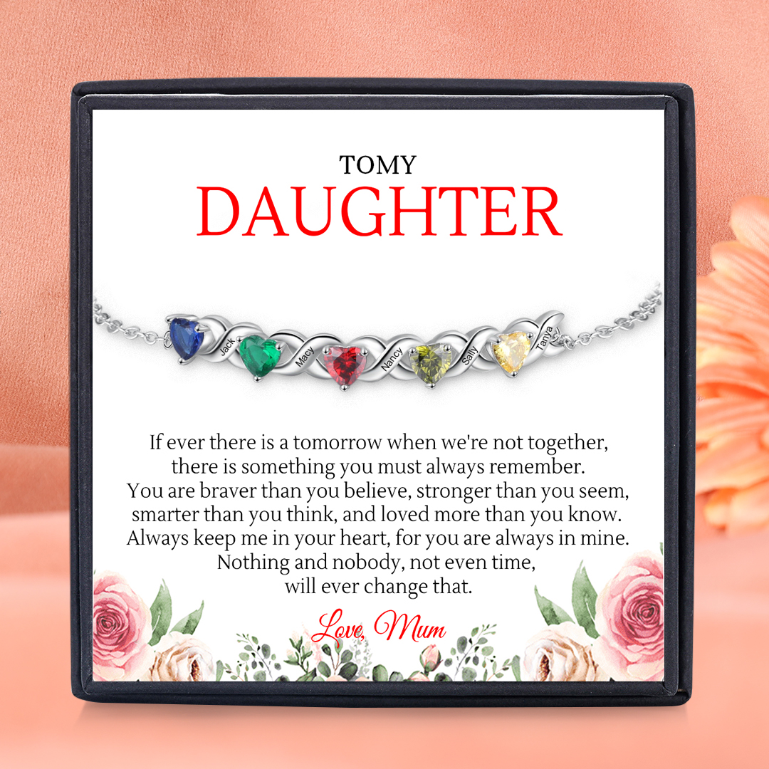 Personalised Bracelet With 5 Heart Birthstones Engraved Names Bracelet Gift For Women-Jessemade AU