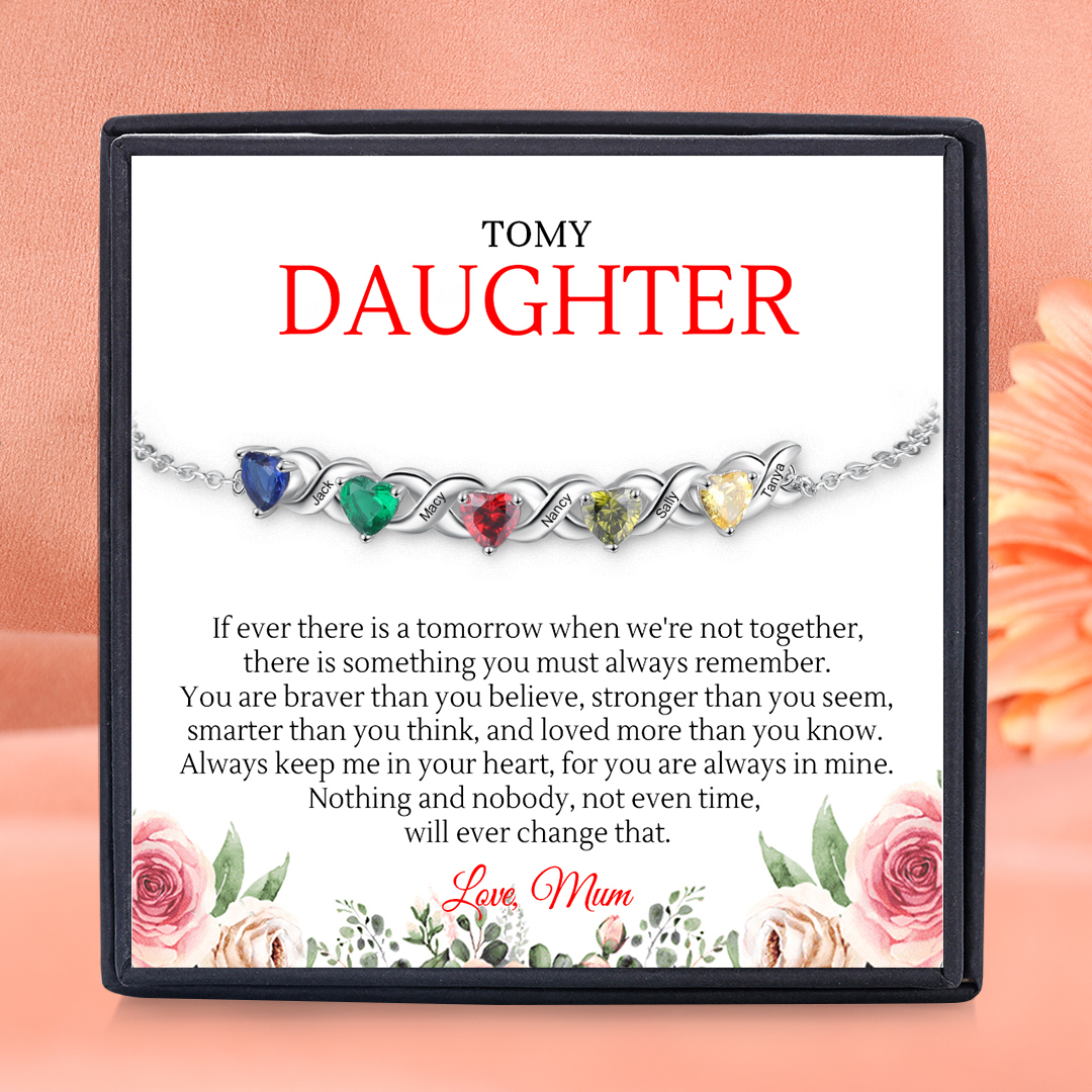 Personalised Bracelet With 5 Heart Birthstones Engraved Names Bracelet Gift For Women-Jessemade AU