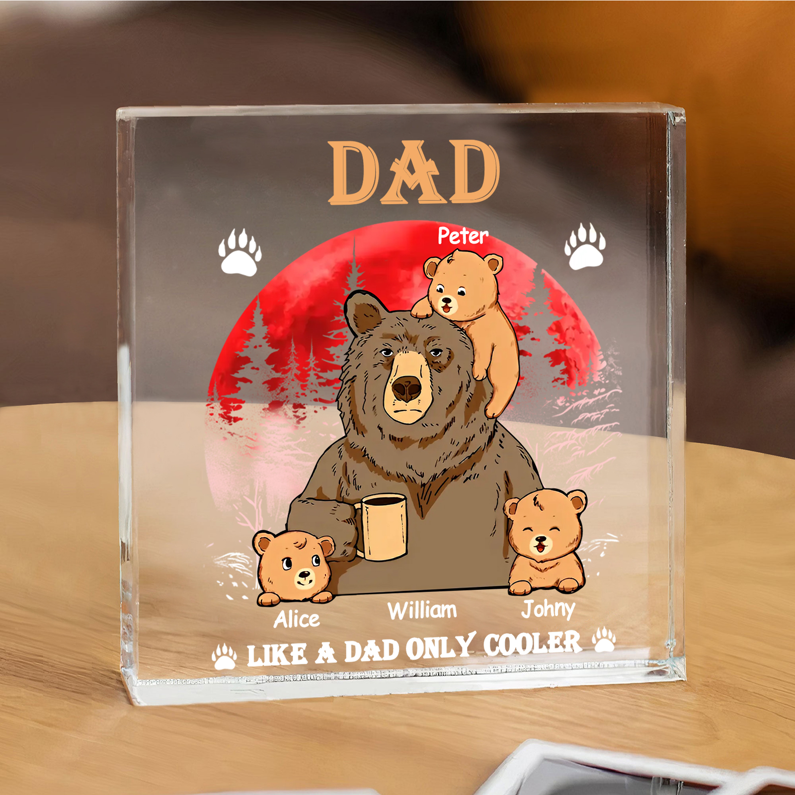 Personalised 4 Names Acrylic Square Keepsake Bear Family Rectangle Plaque Father's Day Gifts - Like A Dad Only Cooler-Jessemade AU