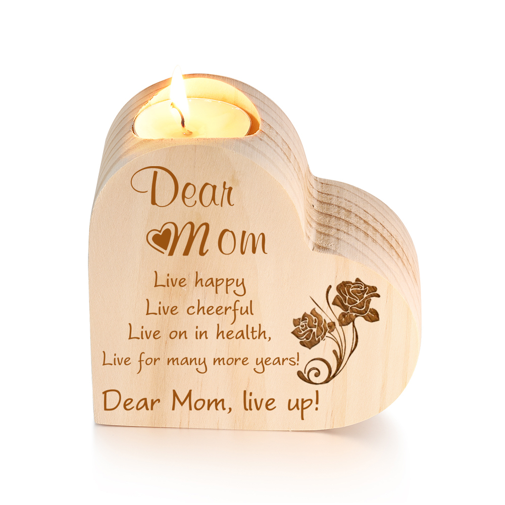 To My Dear Mom Heart Candle Holder Wooden Candlestick "live happy live cheerful"-Jessemade AU