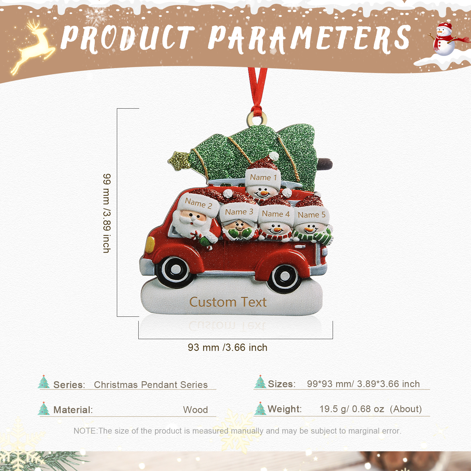 5 Names - Personalised Christmas Snowman Ornament Customised Names & Text Wooden Car Hanging Ornaments Christmas Gift for Family-Jessemade AU