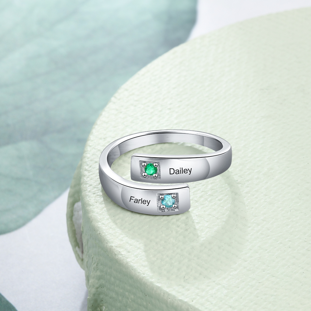 Personalised Ring With 2 Birthstones Engraved Names Ring Gift For Women-Jessemade AU
