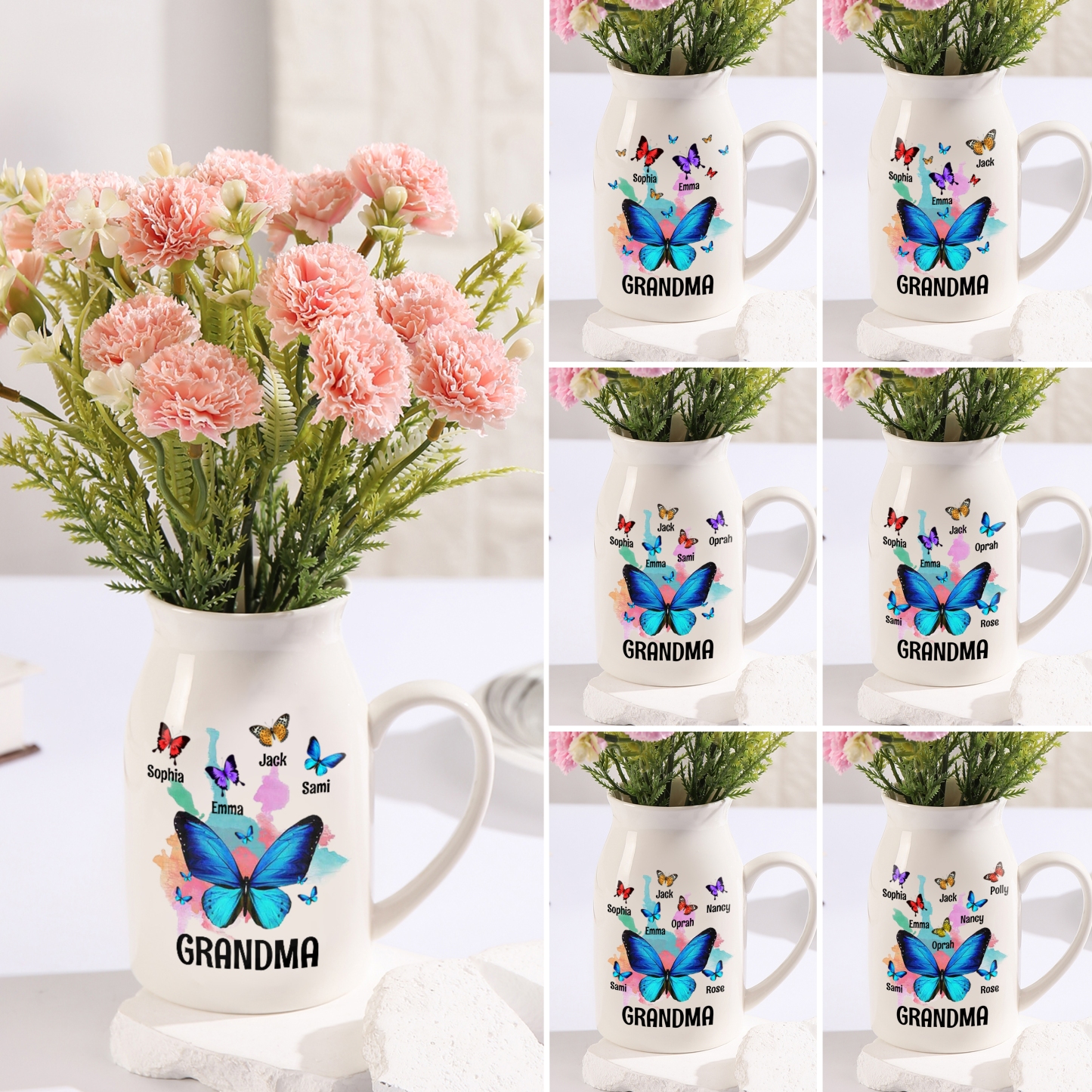 Personalised Ceramic Flower Vase Custom 2–8 Names & 1 Text Colourful Butterfly Vase Gift for Mother/Grandma-Jessemade AU