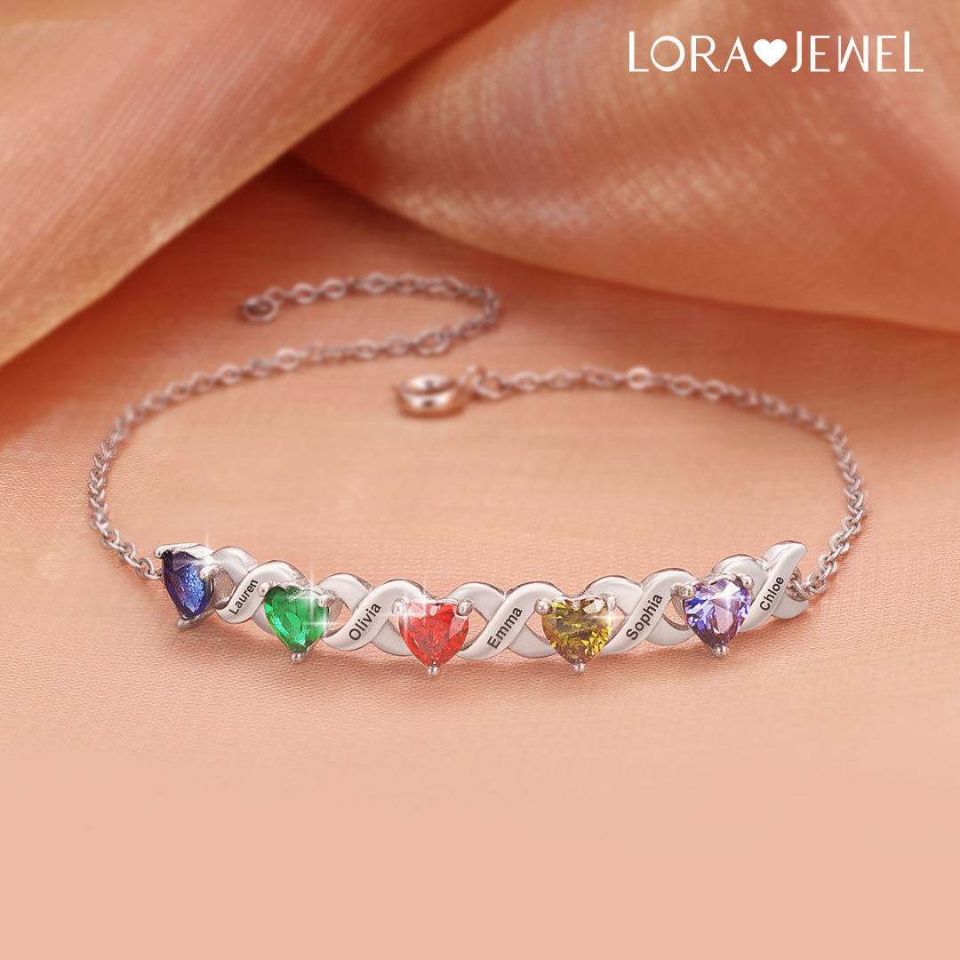 Custom Heart Birthstone Jewelry Set Necklace Bracelet for Family Personalised with 5 Names 5 Birthstones-Jessemade AU